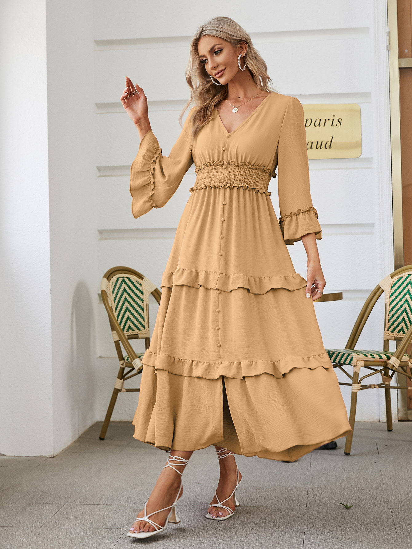 Long Sleeve Tiered Ruffle Smocked Flare Maxi Dress