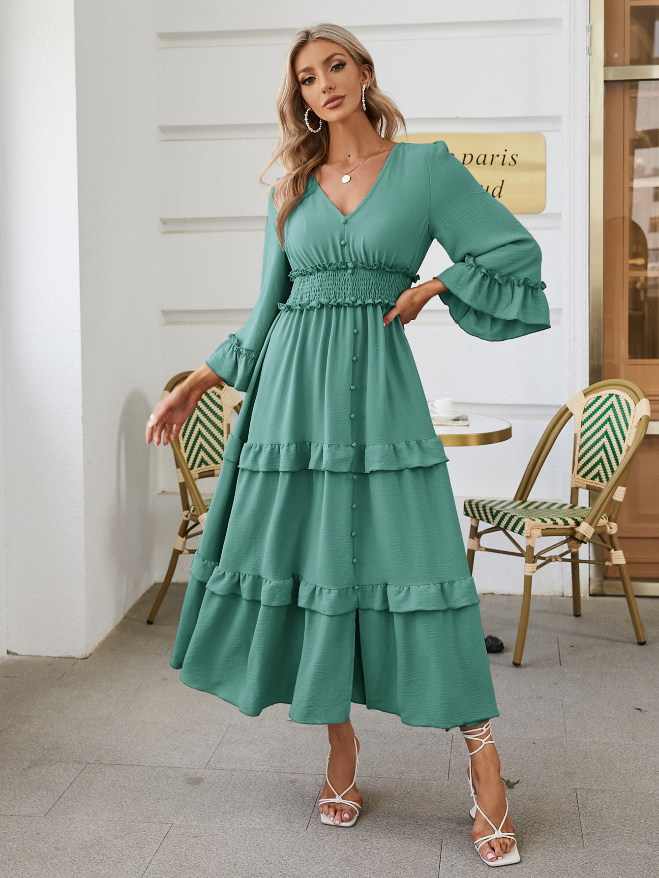 Long Sleeve Tiered Ruffle Smocked Flare Maxi Dress