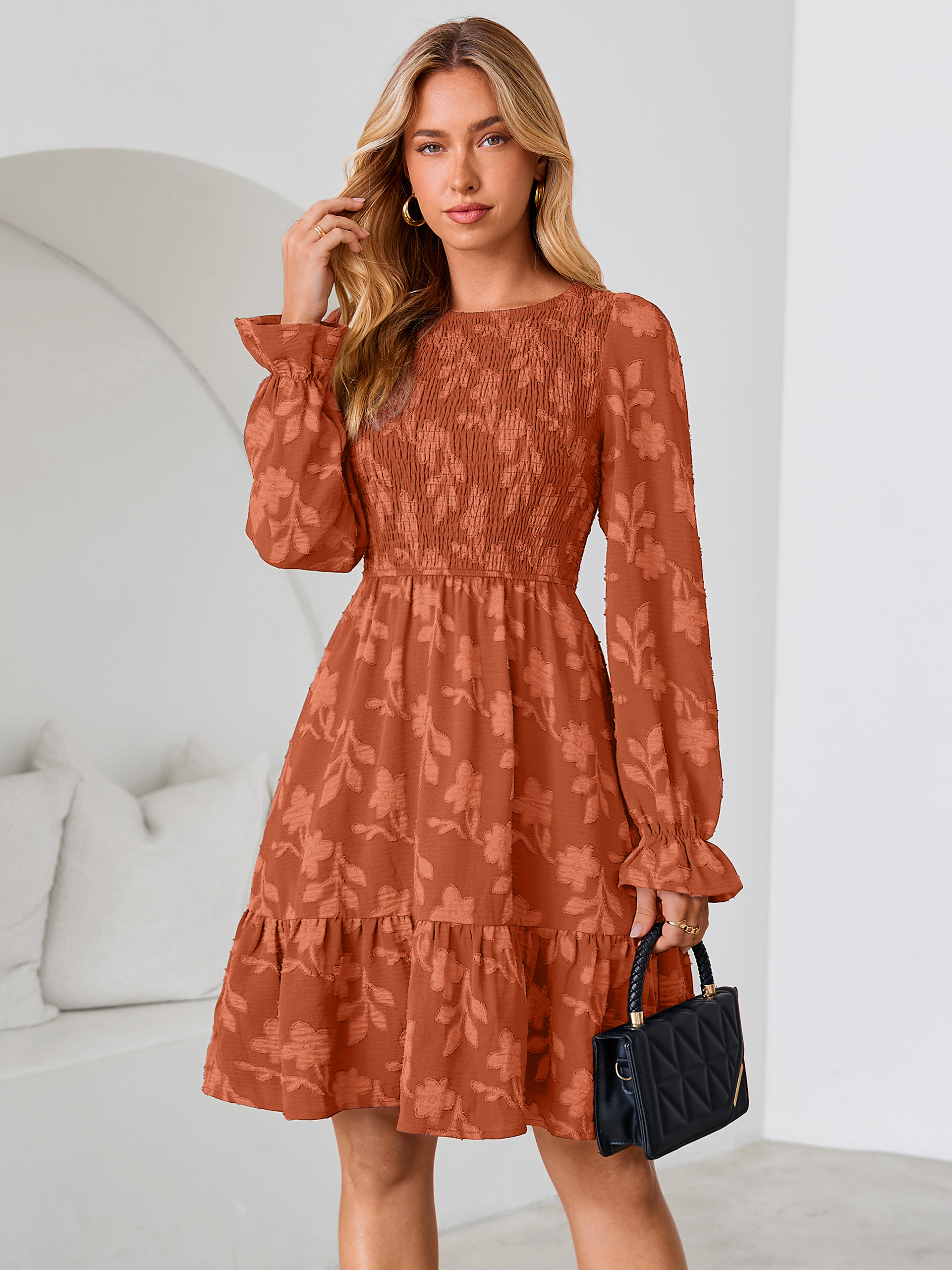 Burnout Leaf Smocked Bodice Long Sleeve Mini Dress