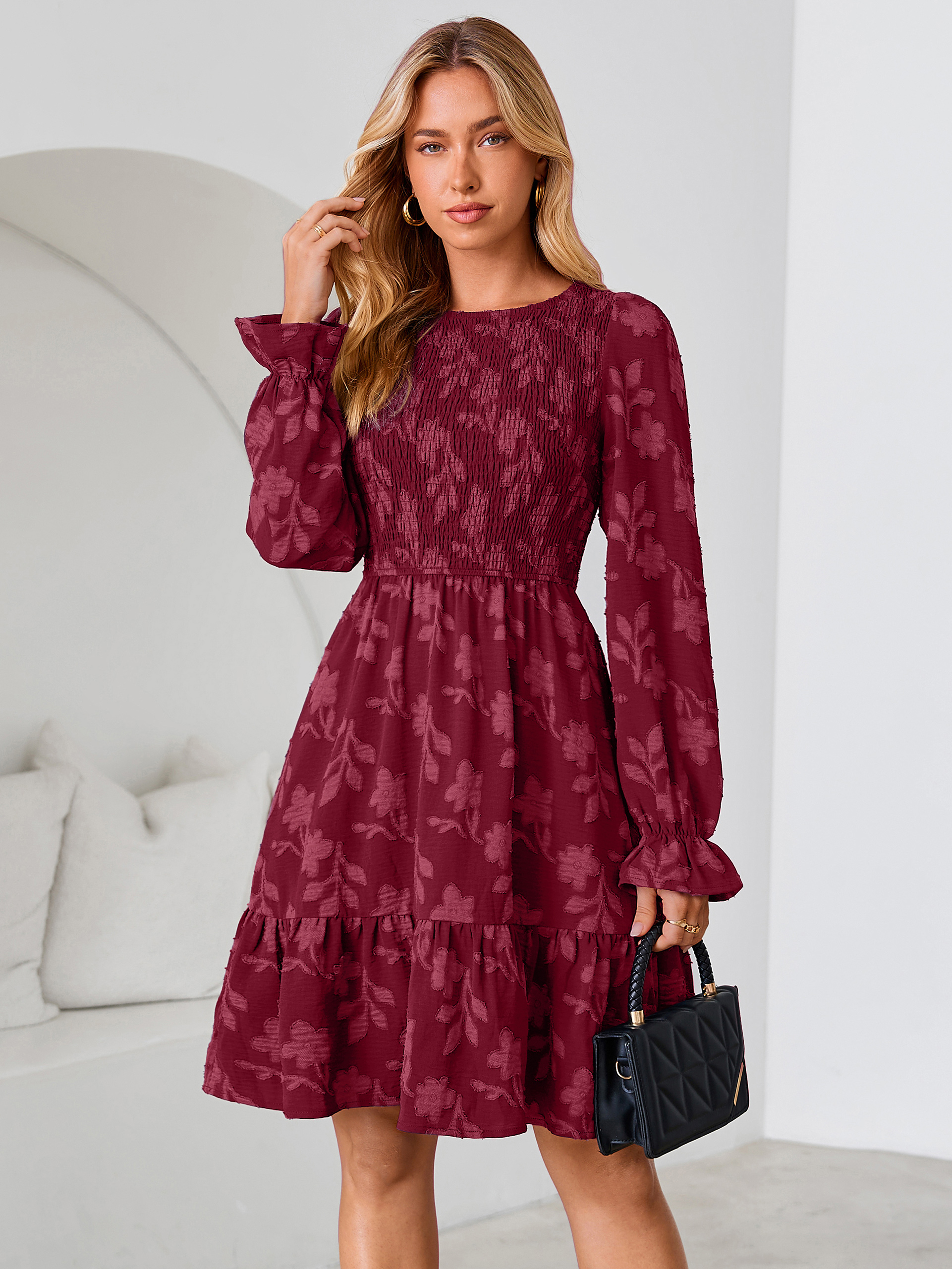 Burnout Leaf Smocked Bodice Long Sleeve Mini Dress