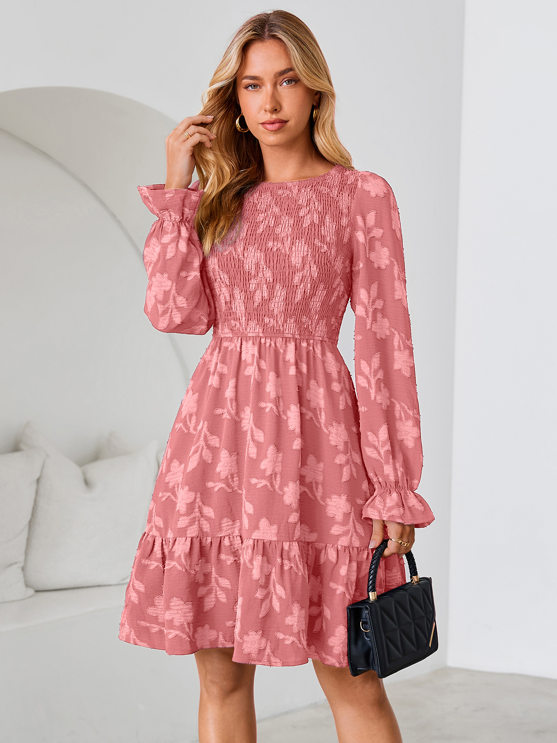 Burnout Leaf Smocked Bodice Long Sleeve Mini Dress