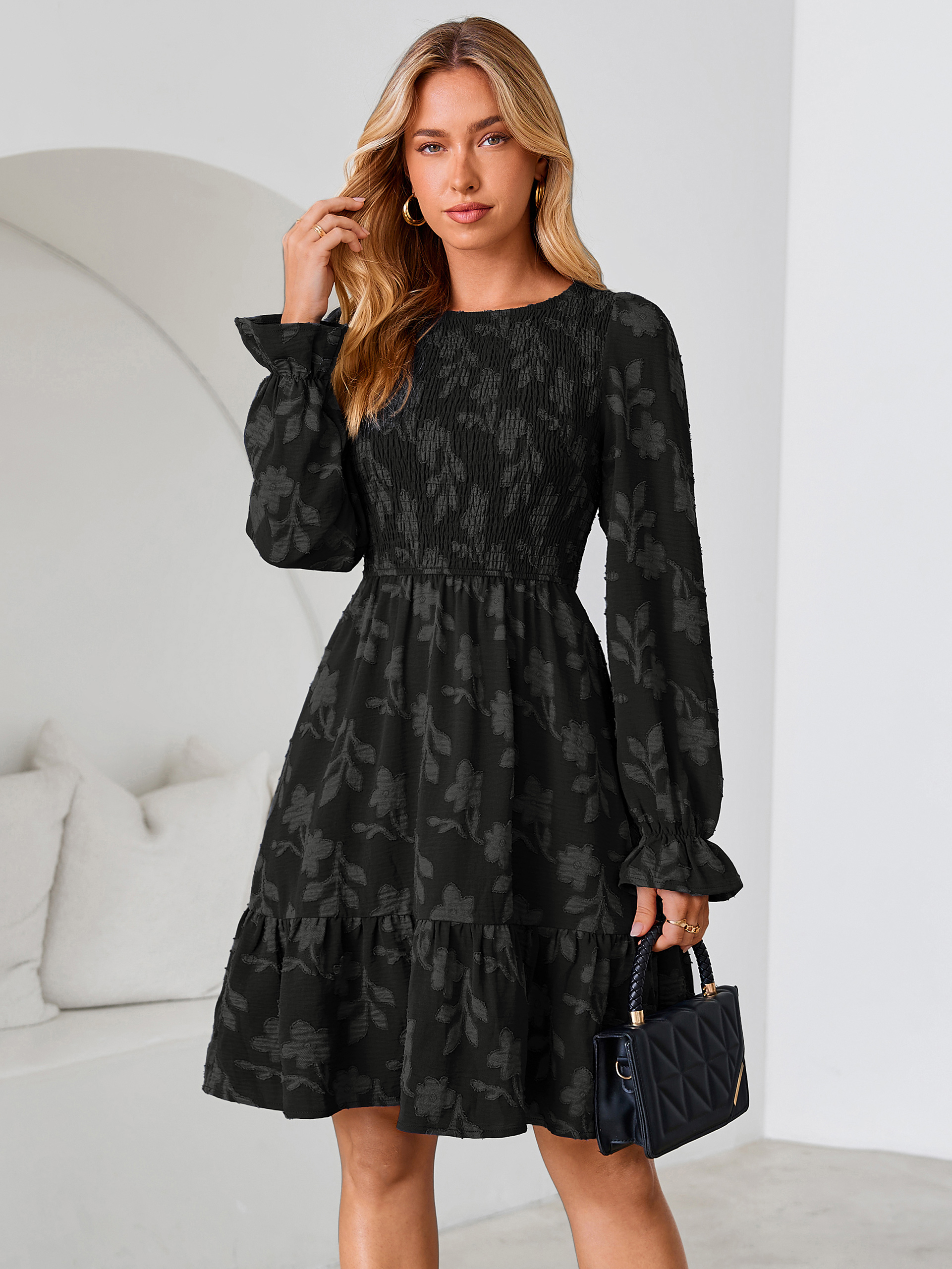 Burnout Leaf Smocked Bodice Long Sleeve Mini Dress