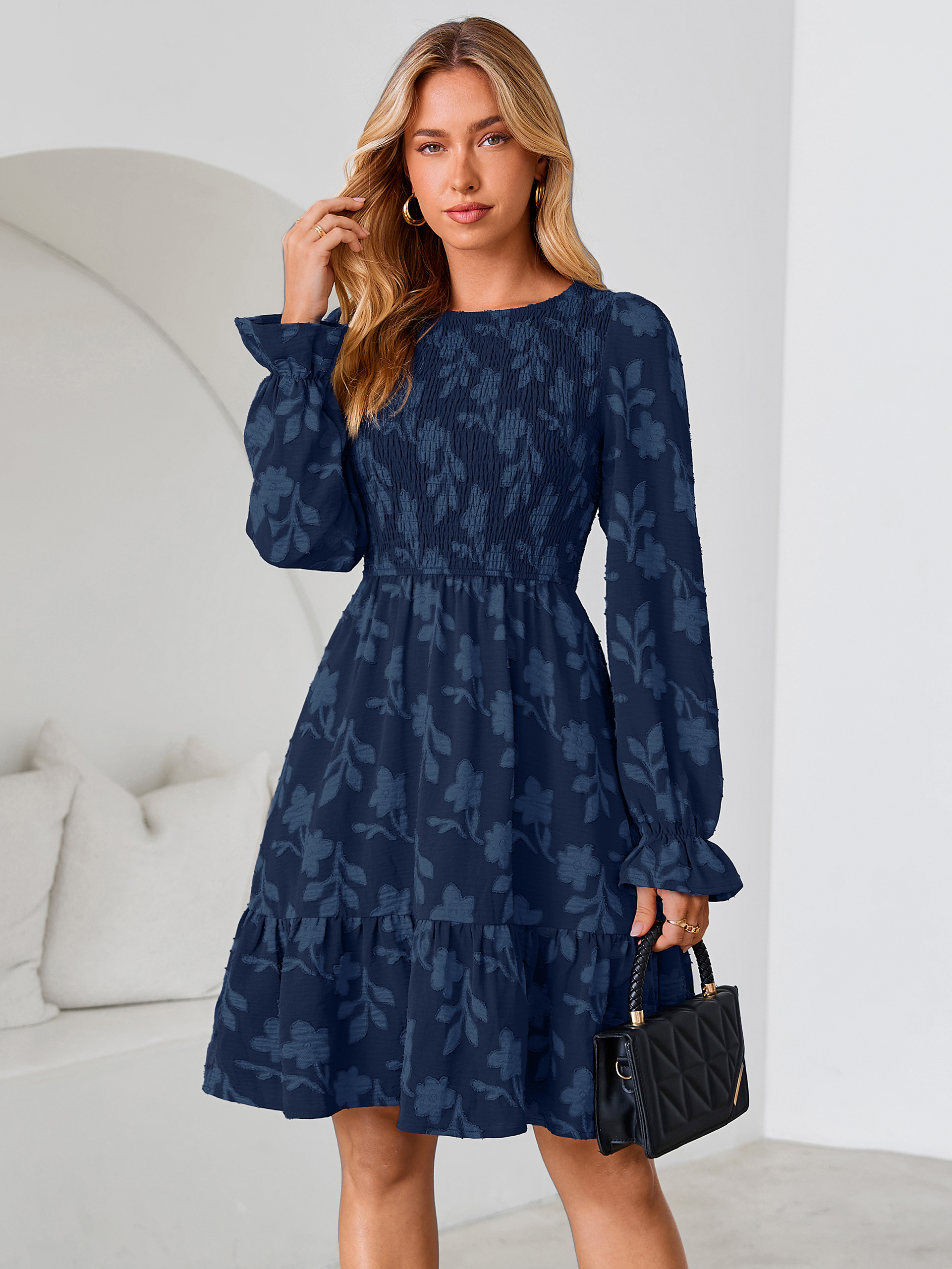 Burnout Leaf Smocked Bodice Long Sleeve Mini Dress