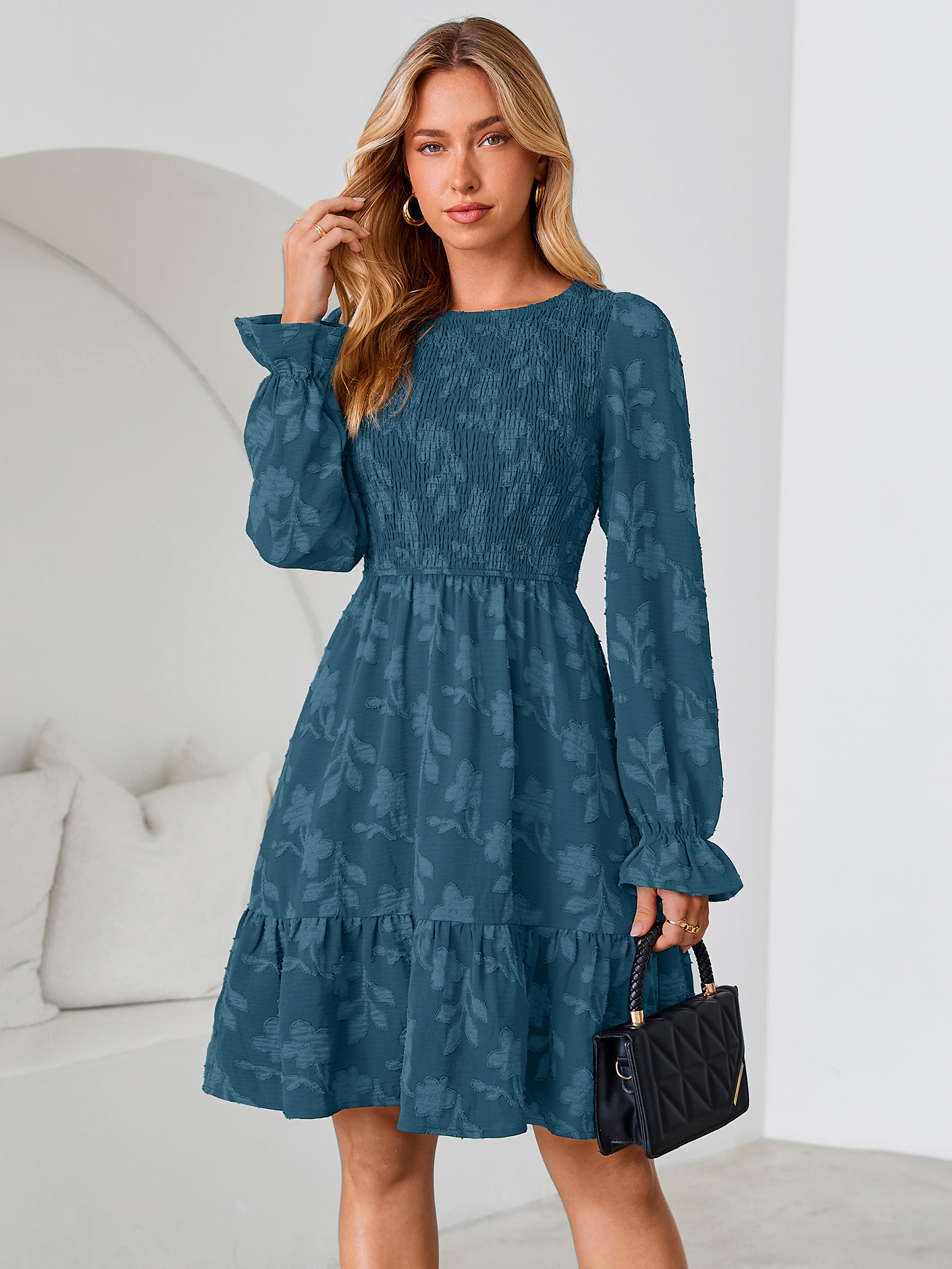 Burnout Leaf Smocked Bodice Long Sleeve Mini Dress