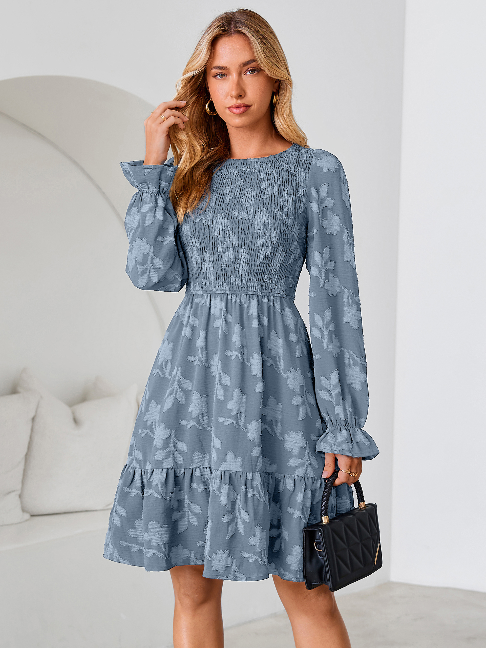 Burnout Leaf Smocked Bodice Long Sleeve Mini Dress