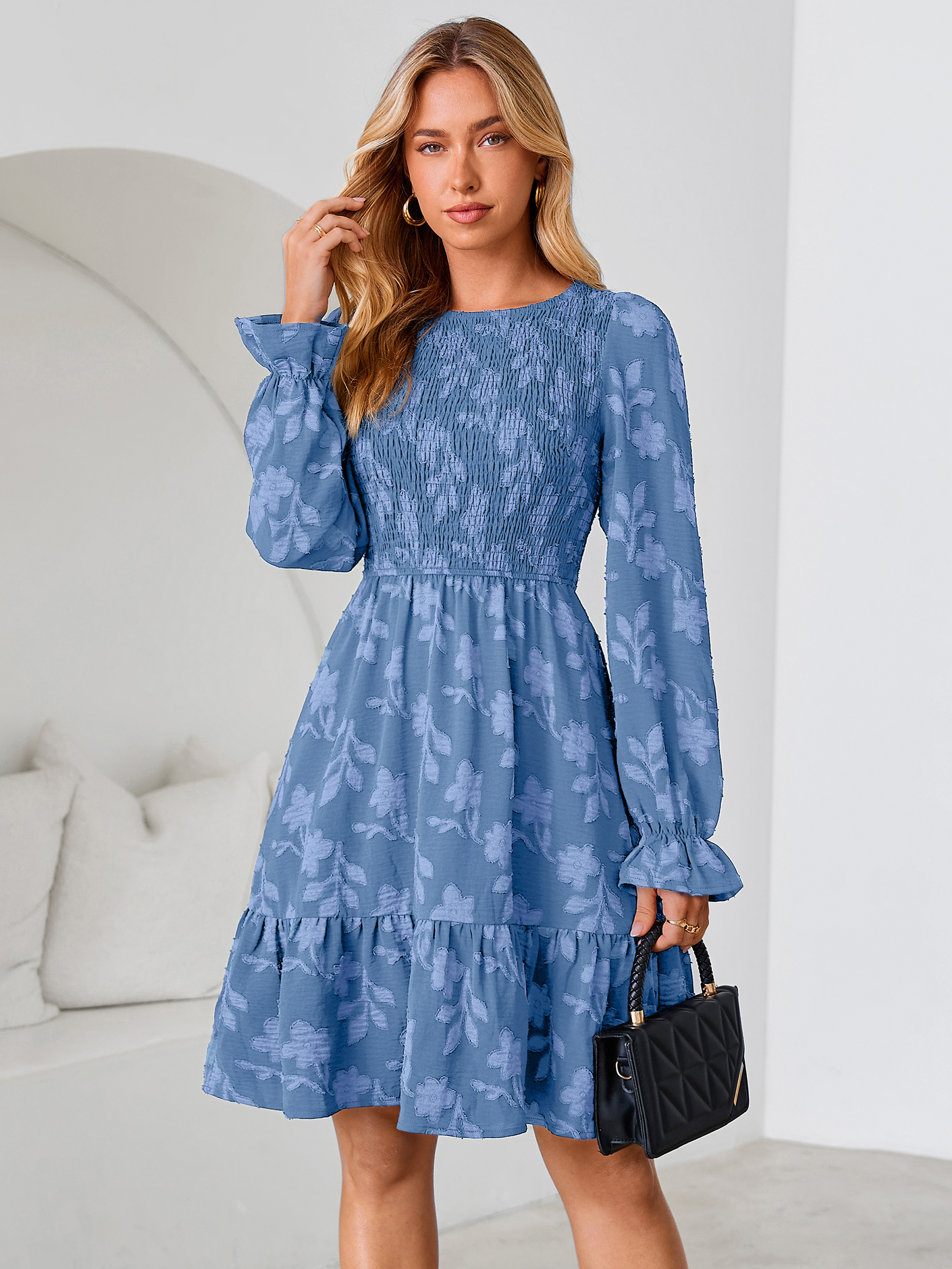 Burnout Leaf Smocked Bodice Long Sleeve Mini Dress