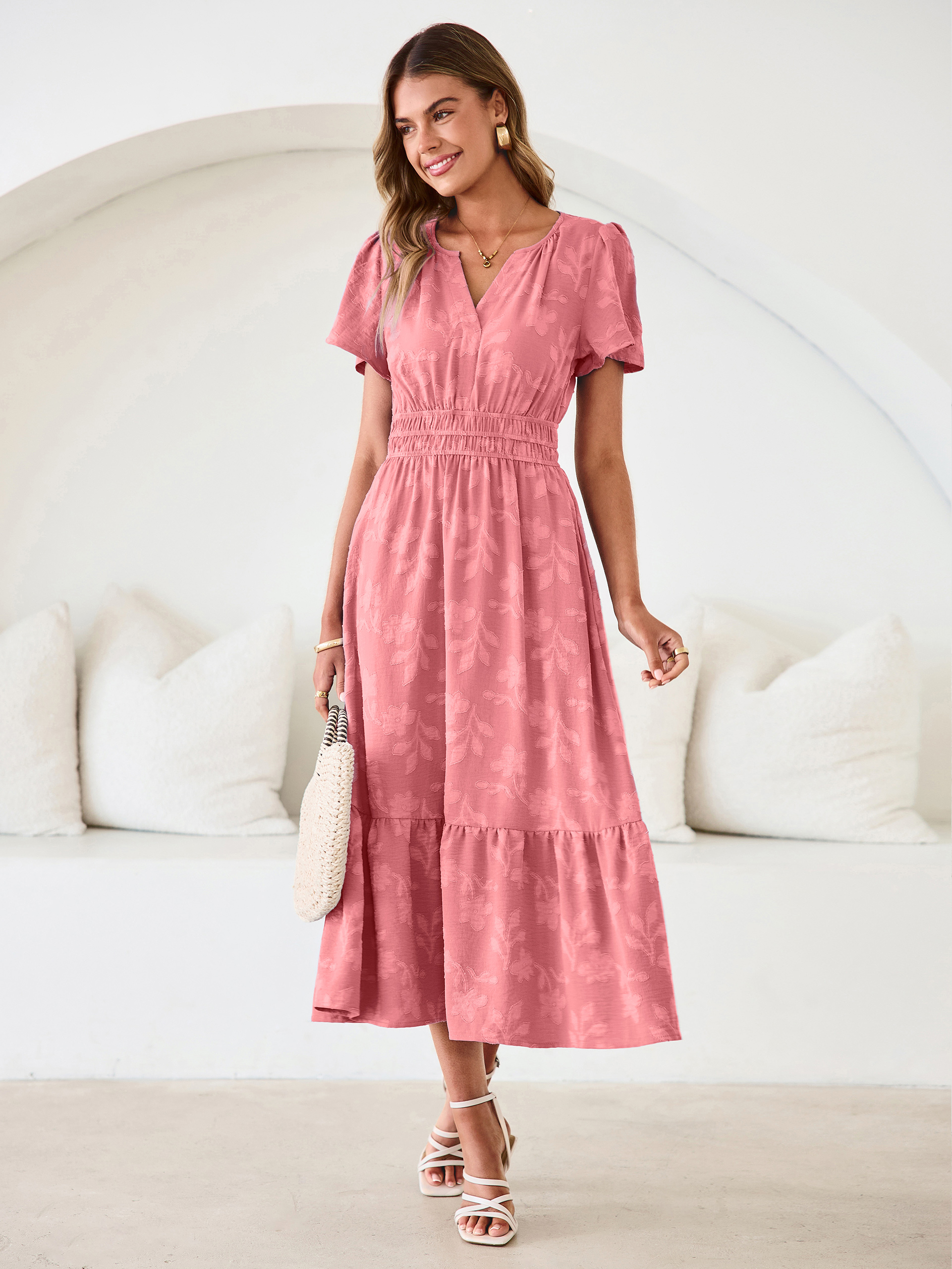 V Neck Burnout Floral Ruffle Maxi Dress