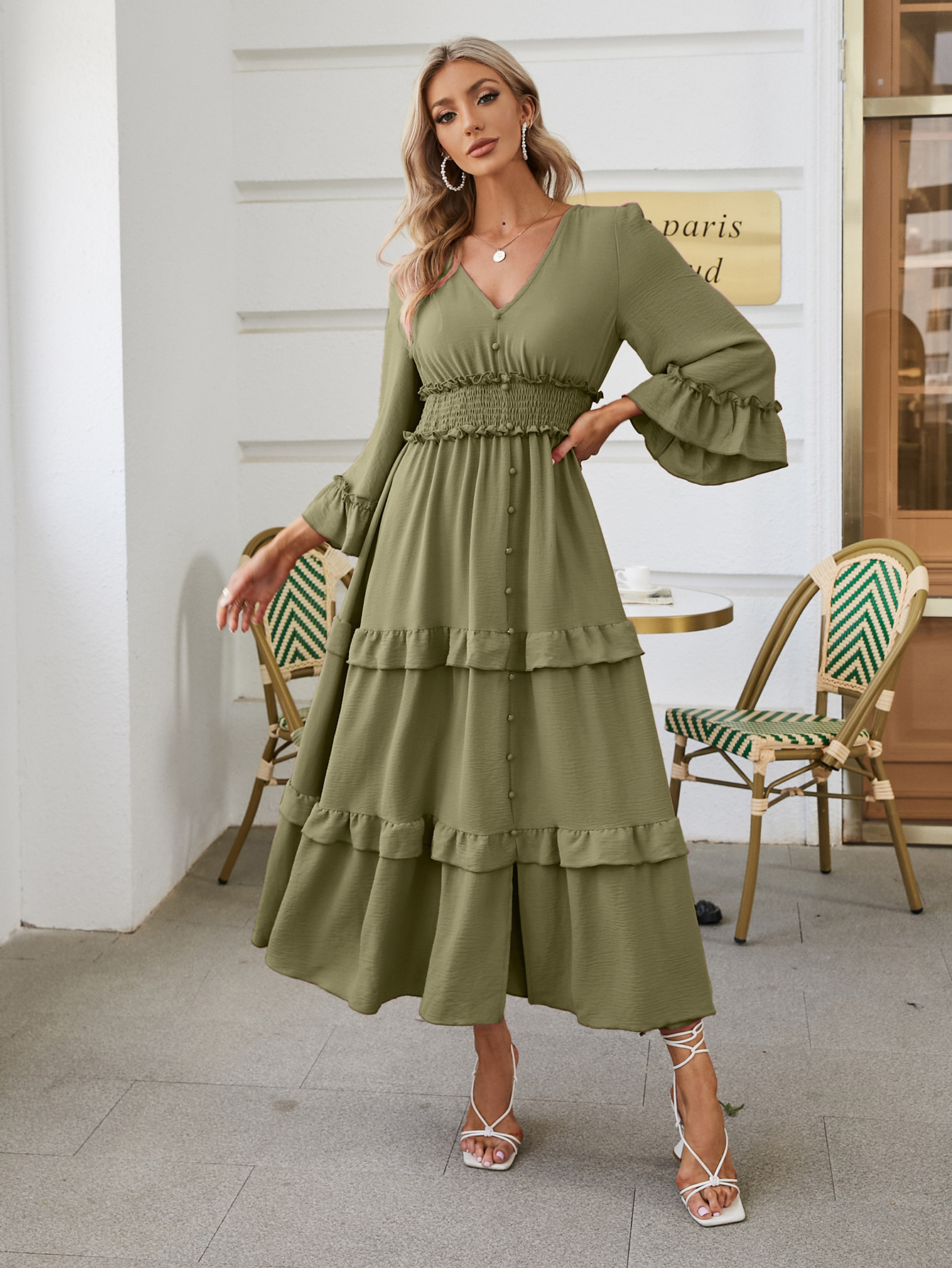 Long Sleeve Tiered Ruffle Smocked Flare Maxi Dress