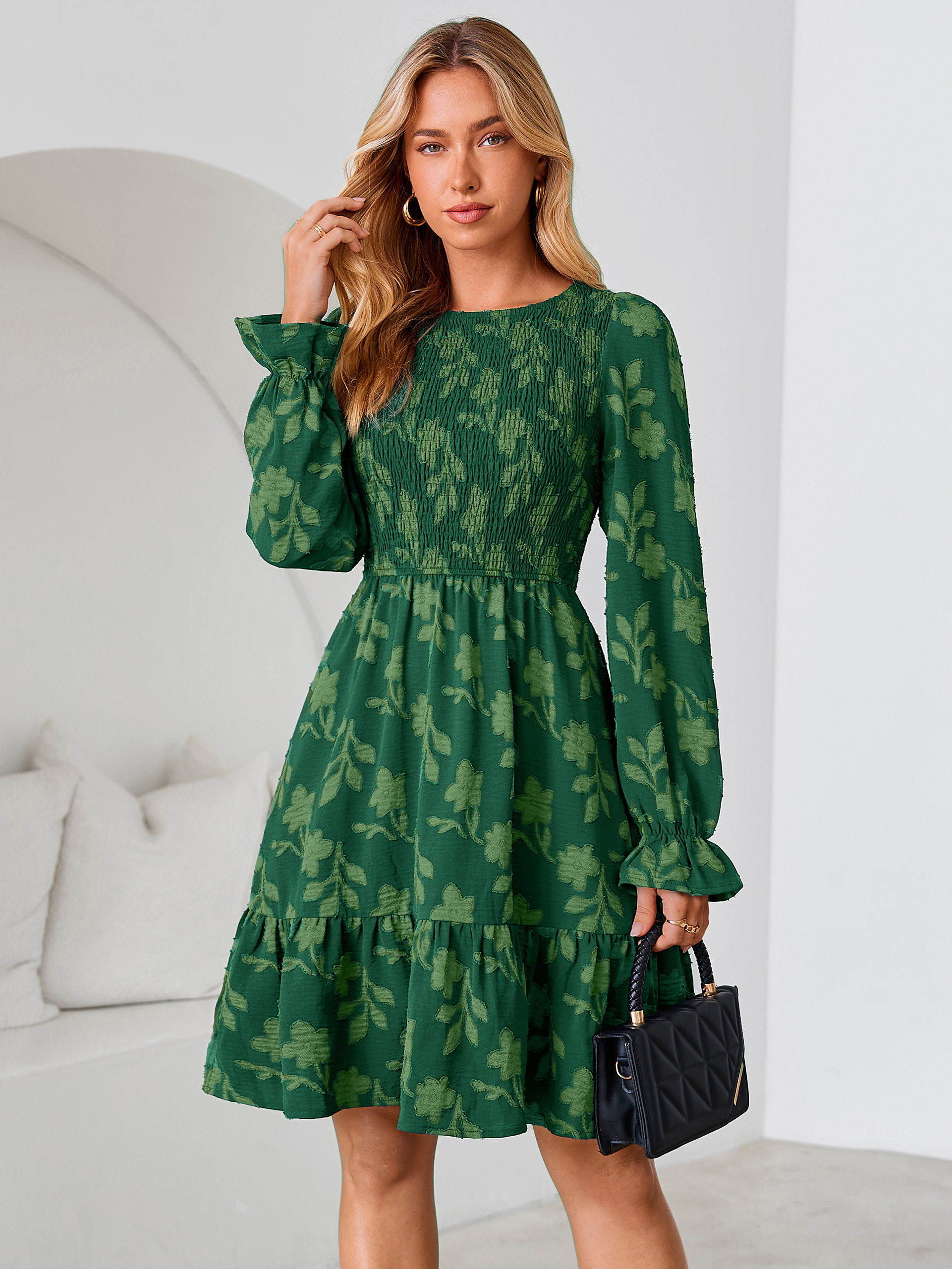 Burnout Leaf Smocked Bodice Long Sleeve Mini Dress