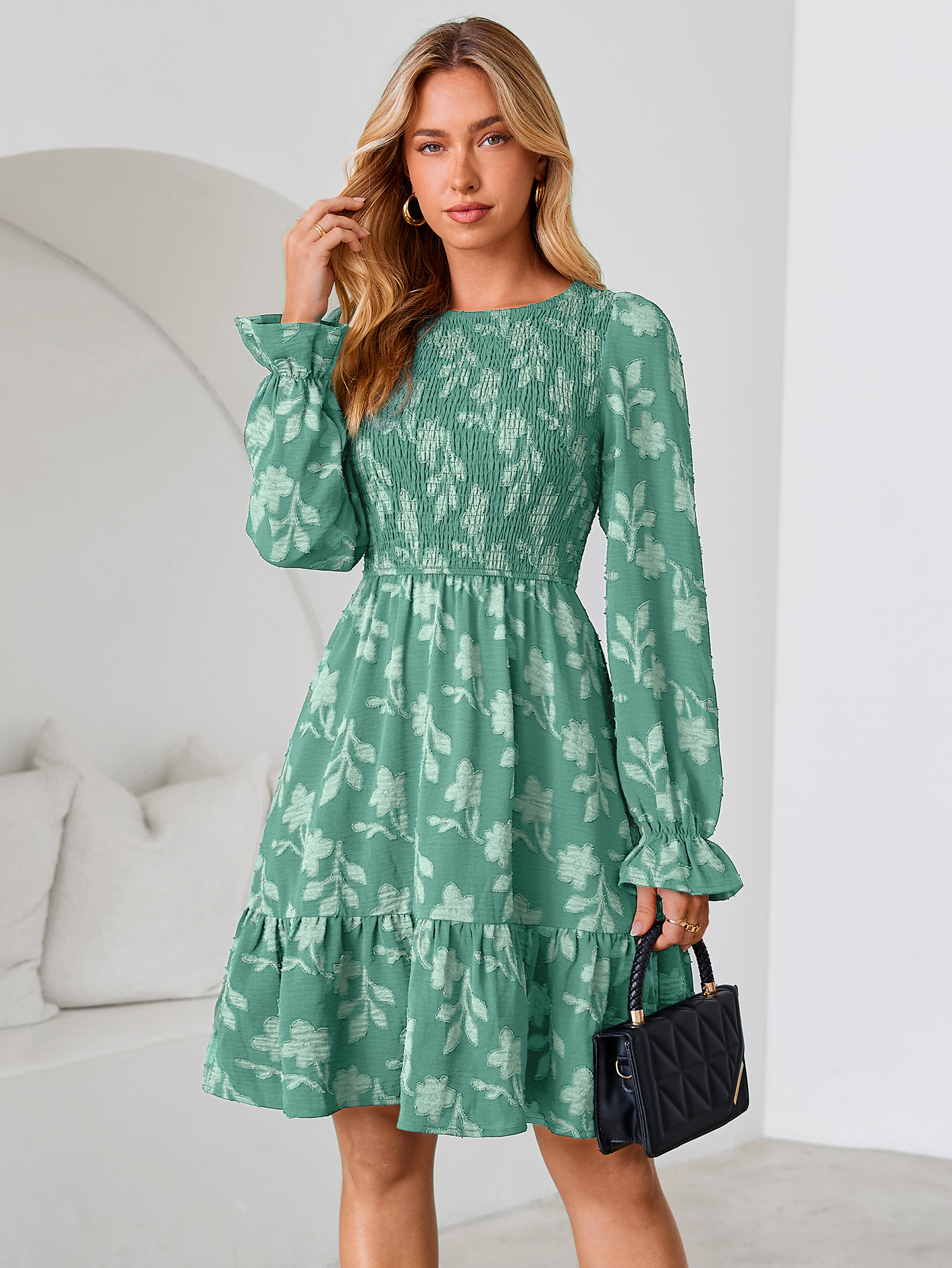 Burnout Leaf Smocked Bodice Long Sleeve Mini Dress