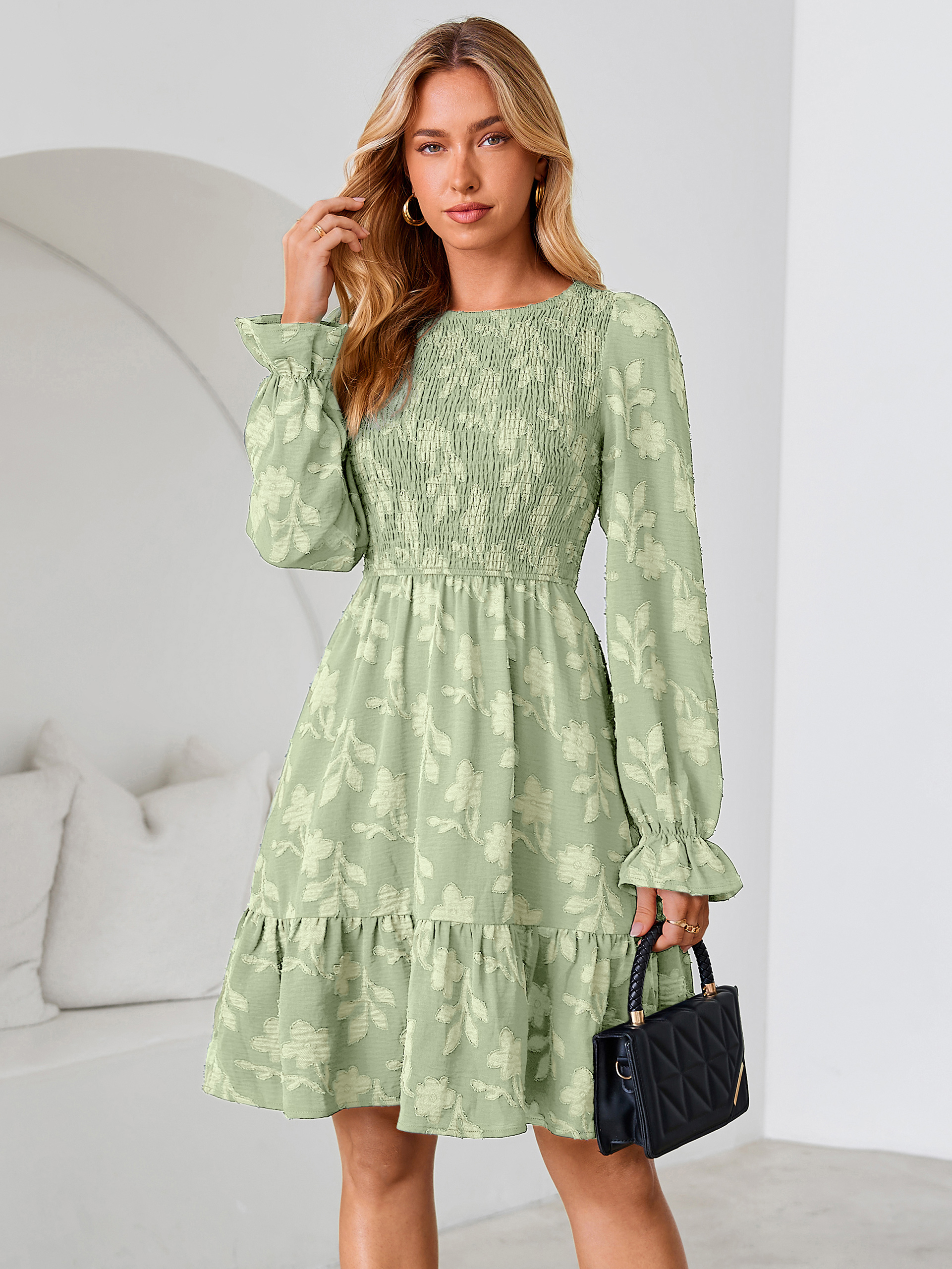 Burnout Leaf Smocked Bodice Long Sleeve Mini Dress
