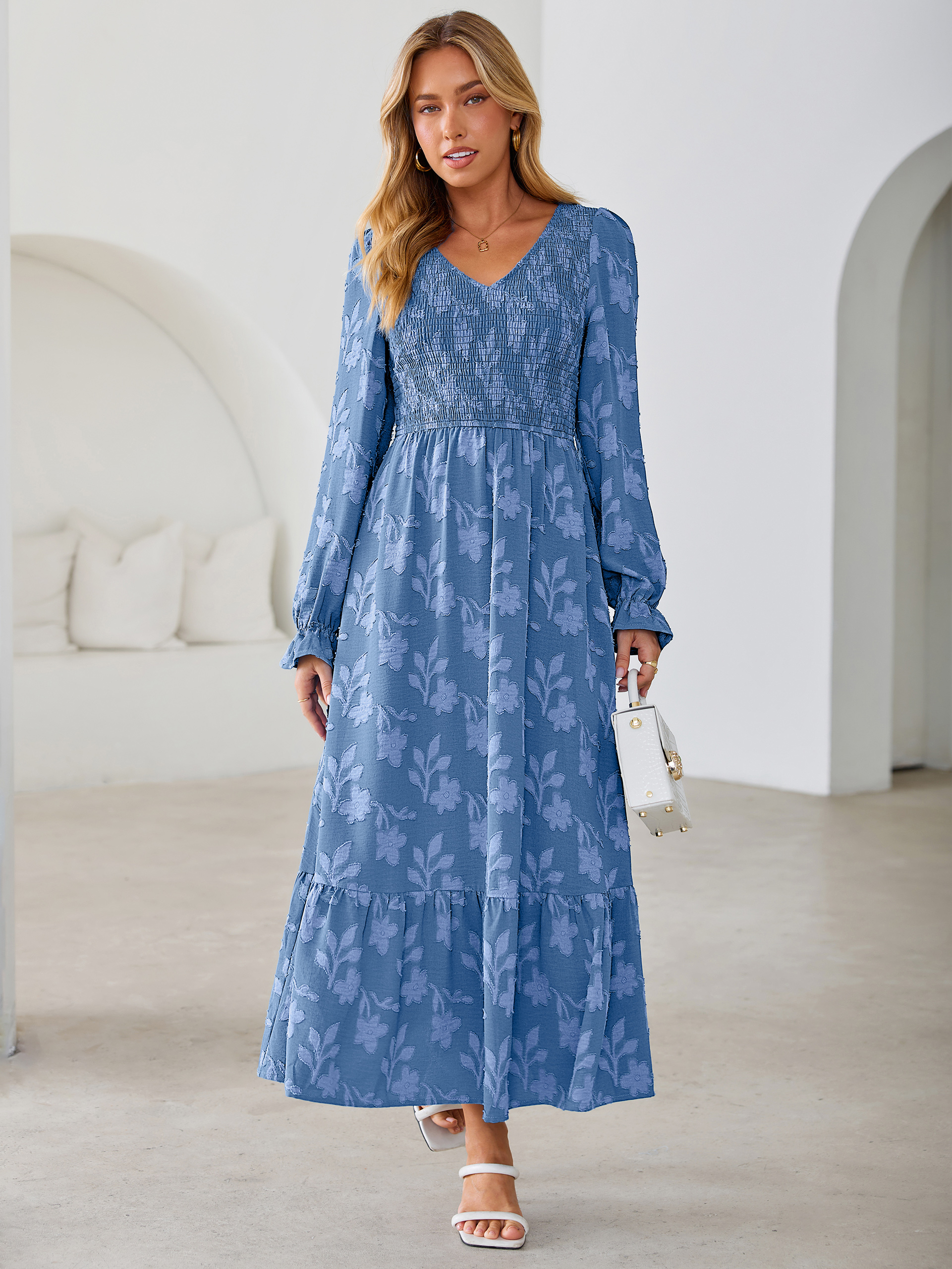 Floral Burnout Smocked V Neck Maxi Dress
