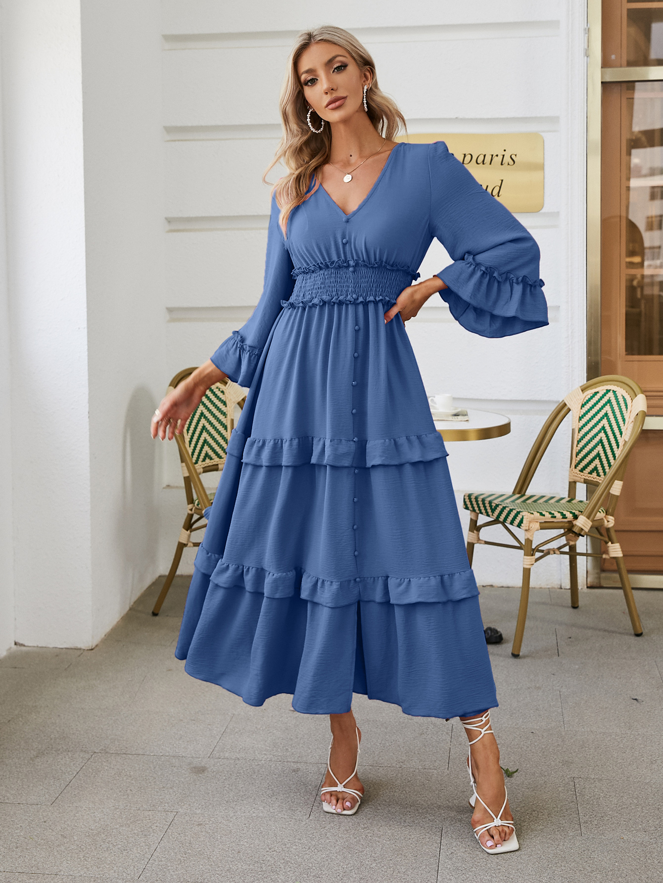 Long Sleeve Tiered Ruffle Smocked Flare Maxi Dress