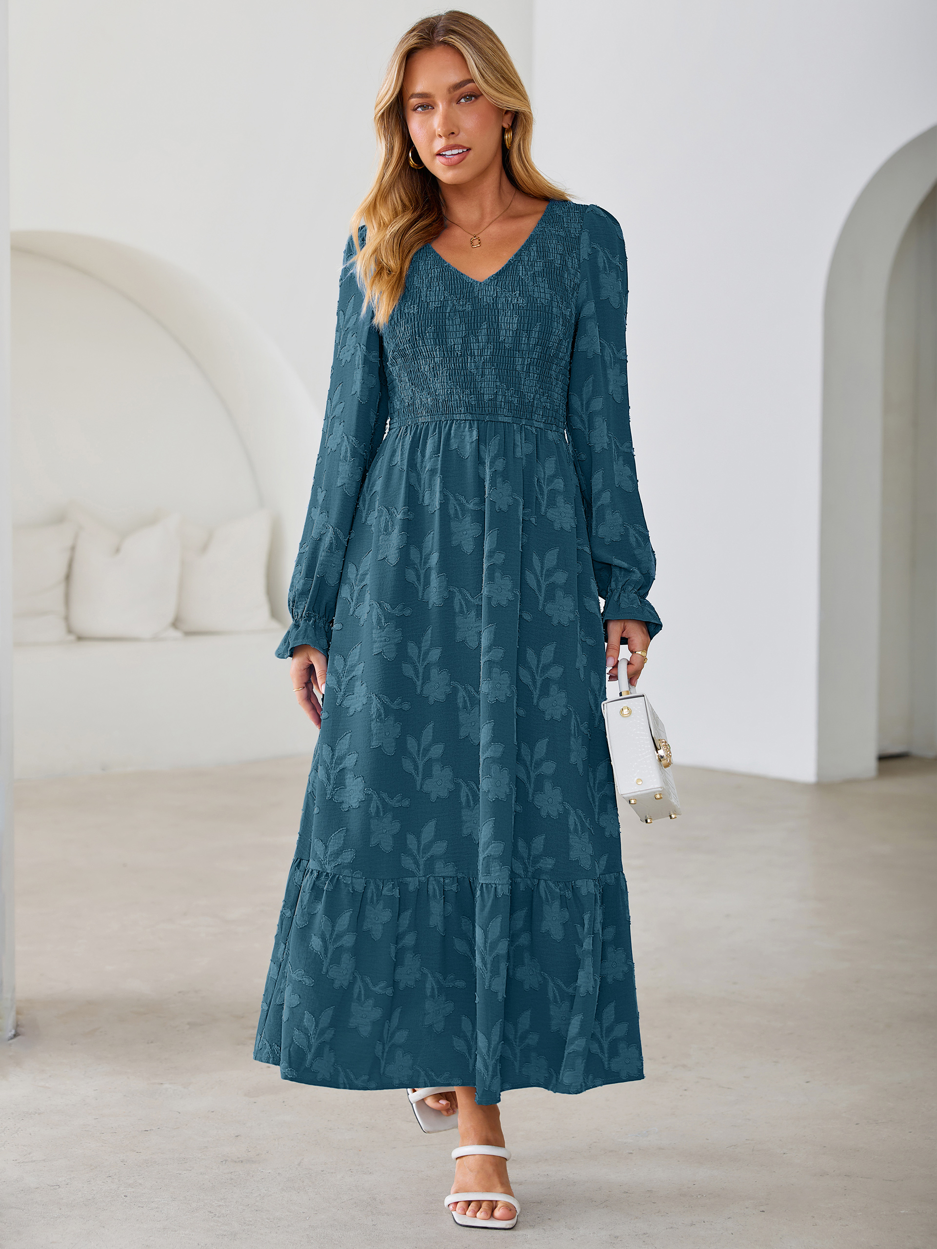 Floral Burnout Smocked V Neck Maxi Dress