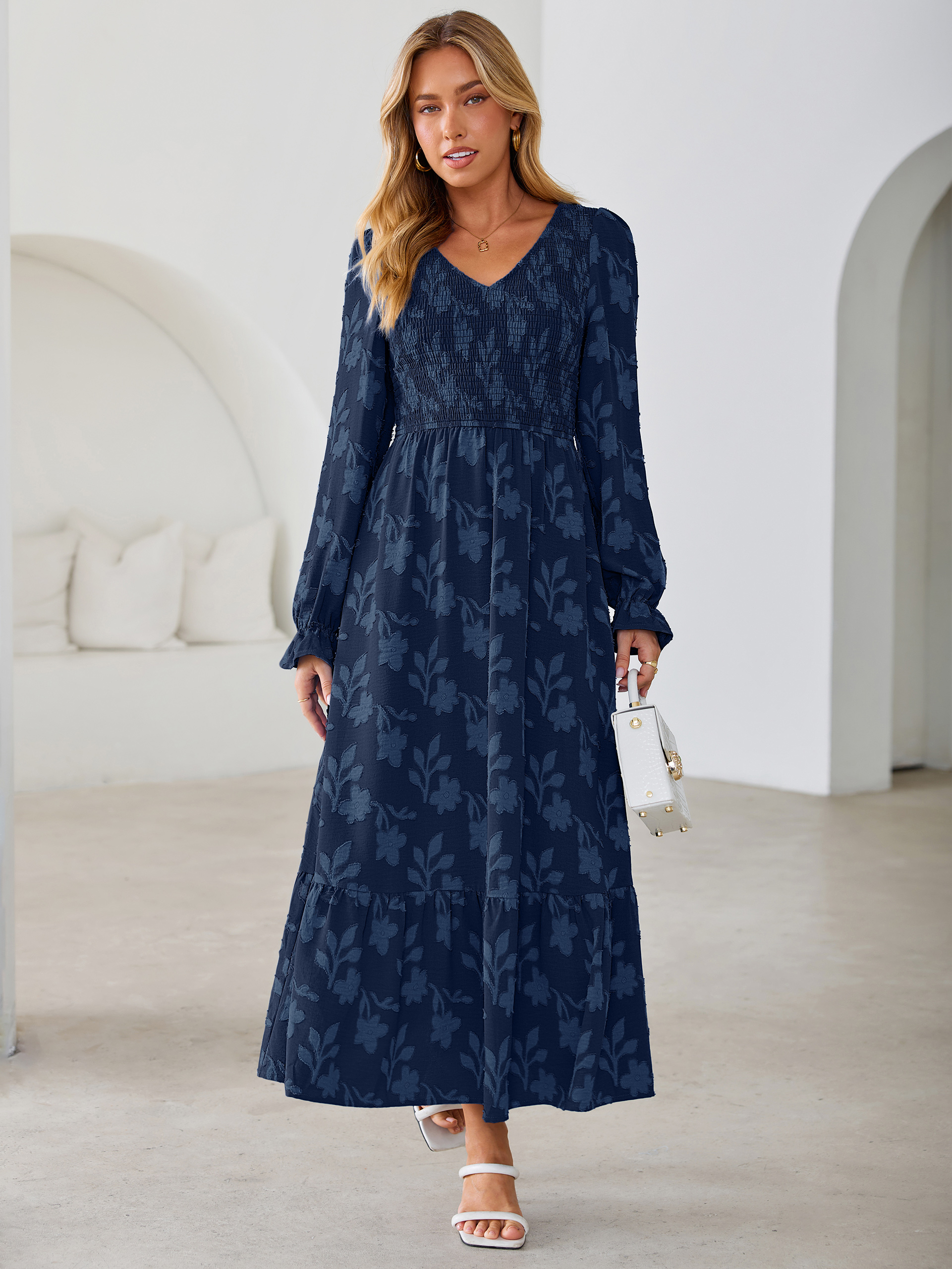Floral Burnout Smocked V Neck Maxi Dress