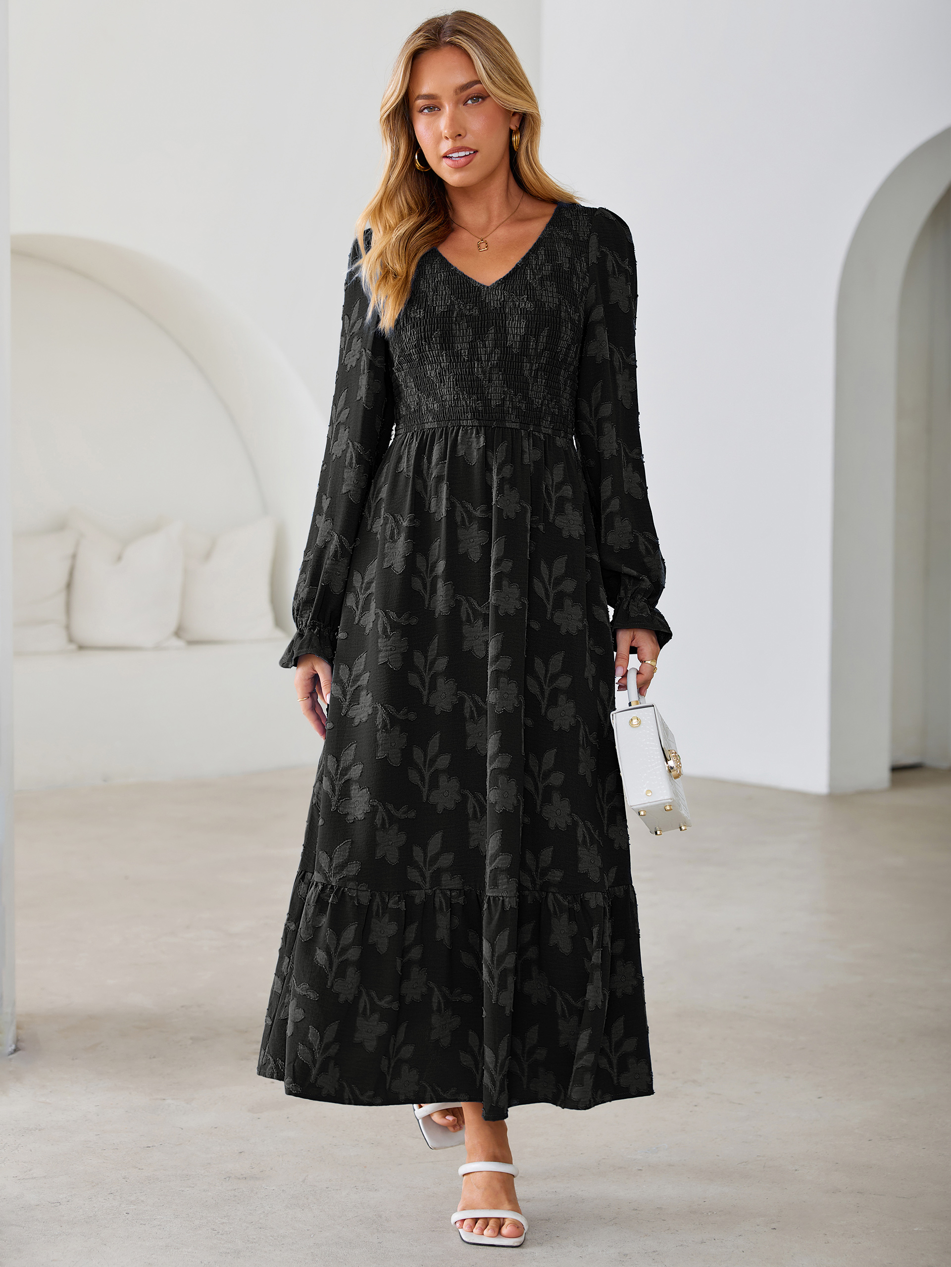 Floral Burnout Smocked V Neck Maxi Dress