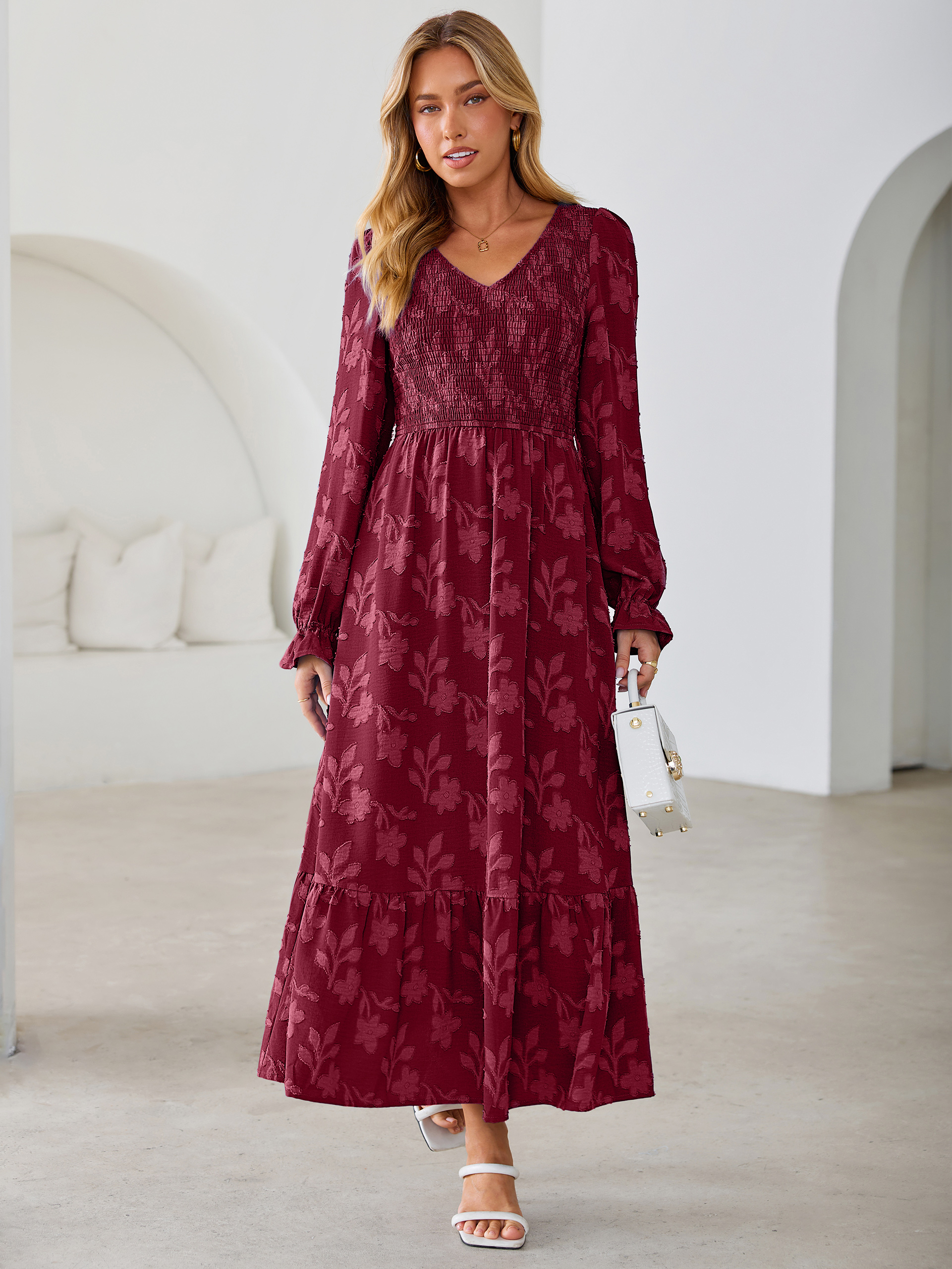 Floral Burnout Smocked V Neck Maxi Dress