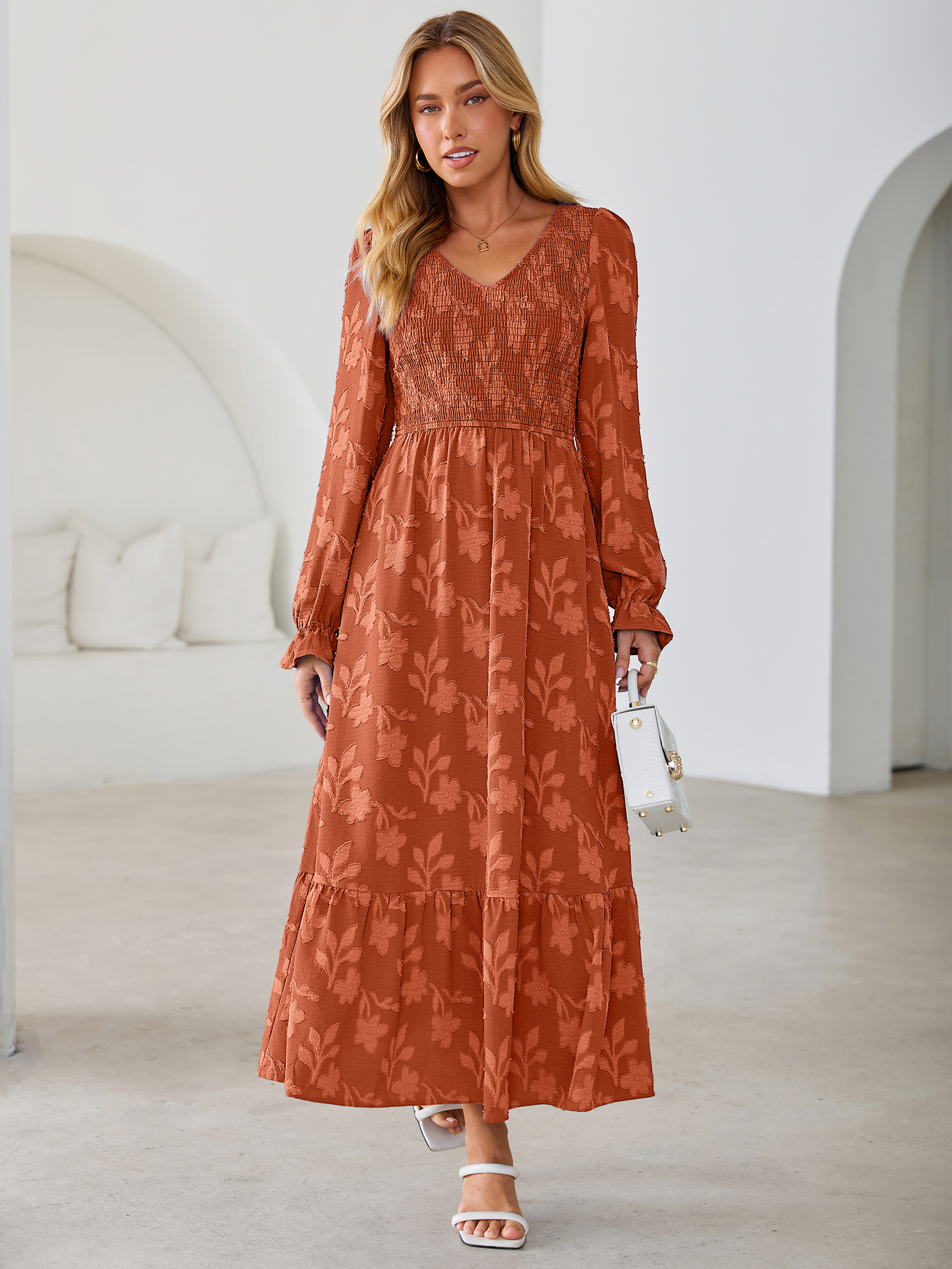 Floral Burnout Smocked V Neck Maxi Dress
