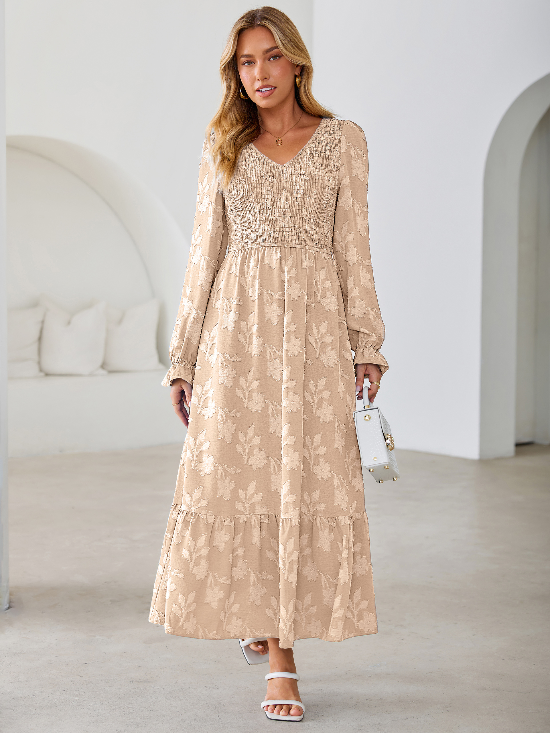 Floral Burnout Smocked V Neck Maxi Dress