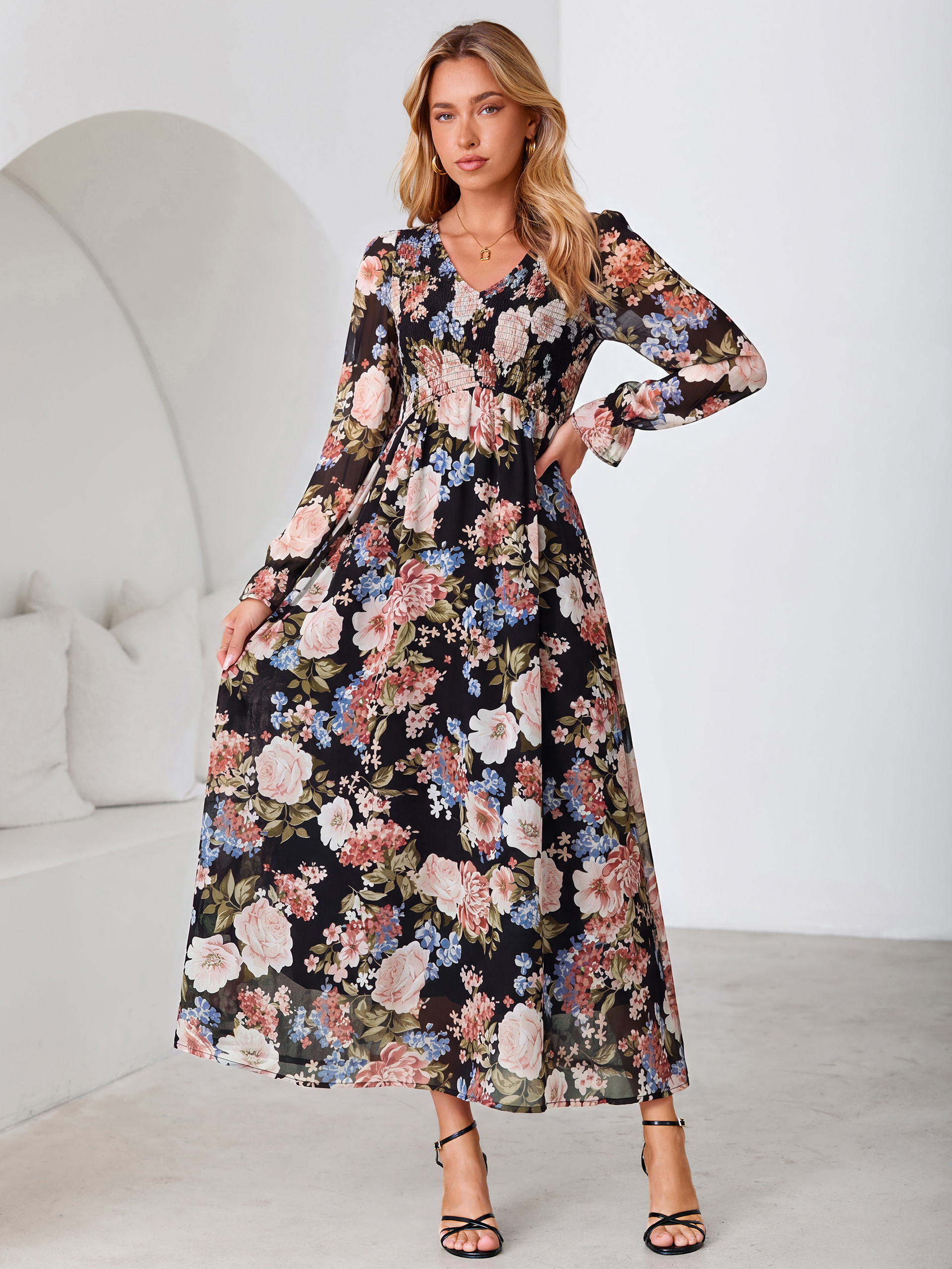 Floral Chiffon Smocked V Neck Maxi Dress