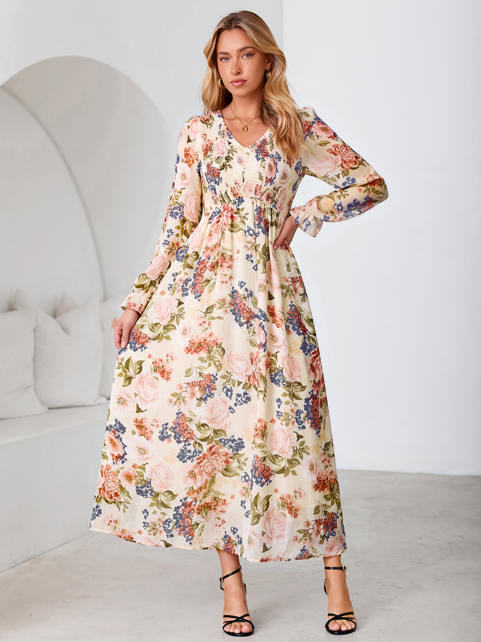 Floral Chiffon Smocked V Neck Maxi Dress