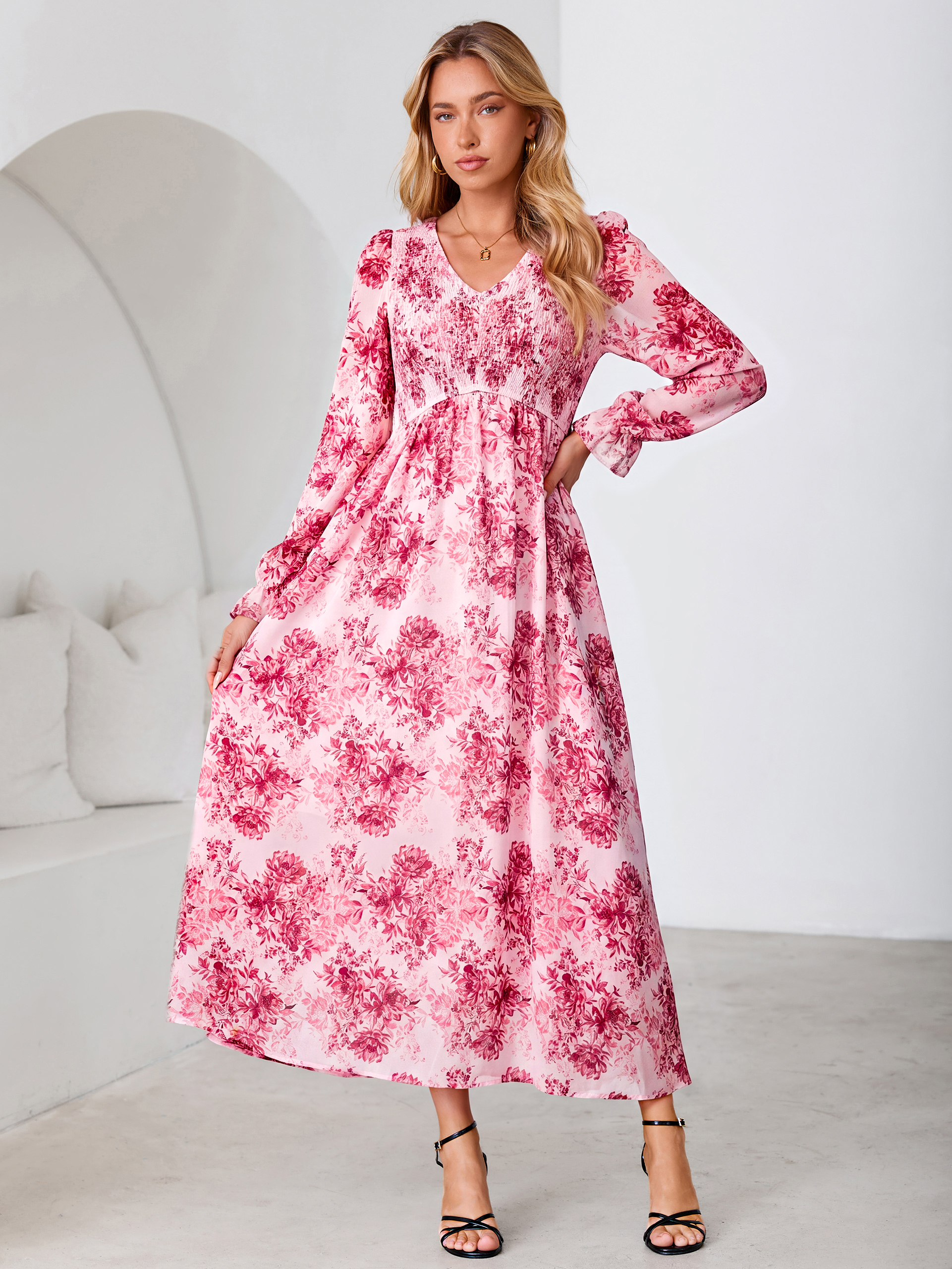 Floral Chiffon Smocked V Neck Maxi Dress