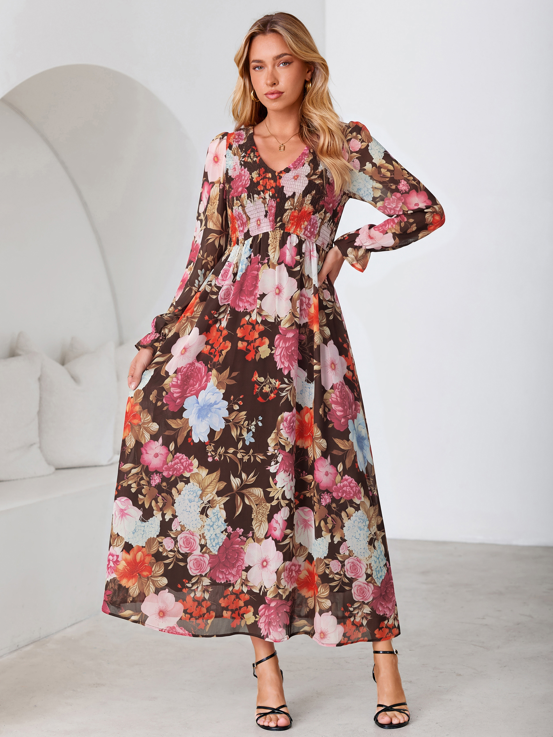 Floral Chiffon Smocked V Neck Maxi Dress