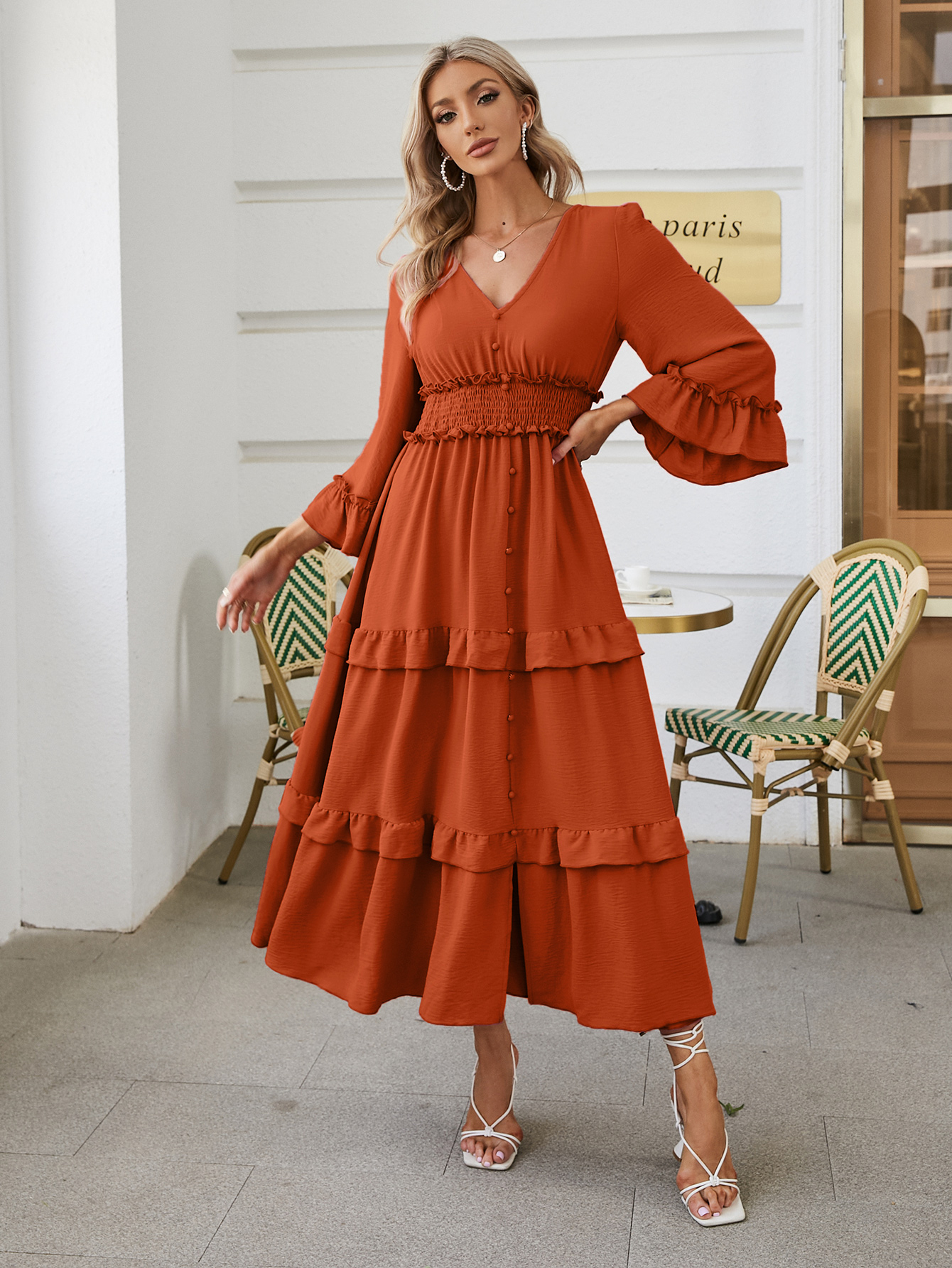 Long Sleeve Tiered Ruffle Smocked Flare Maxi Dress