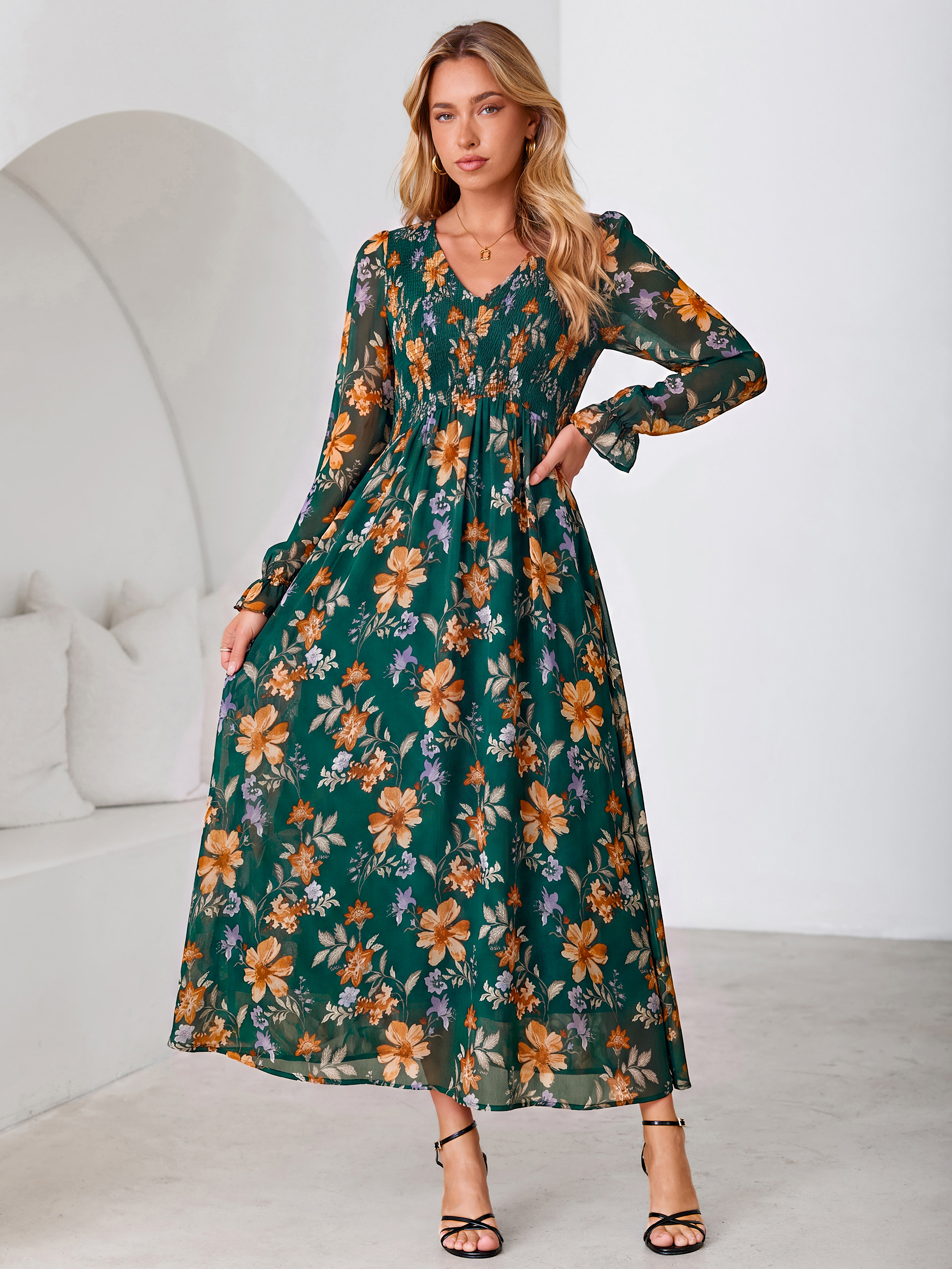 Floral Chiffon Smocked V Neck Maxi Dress