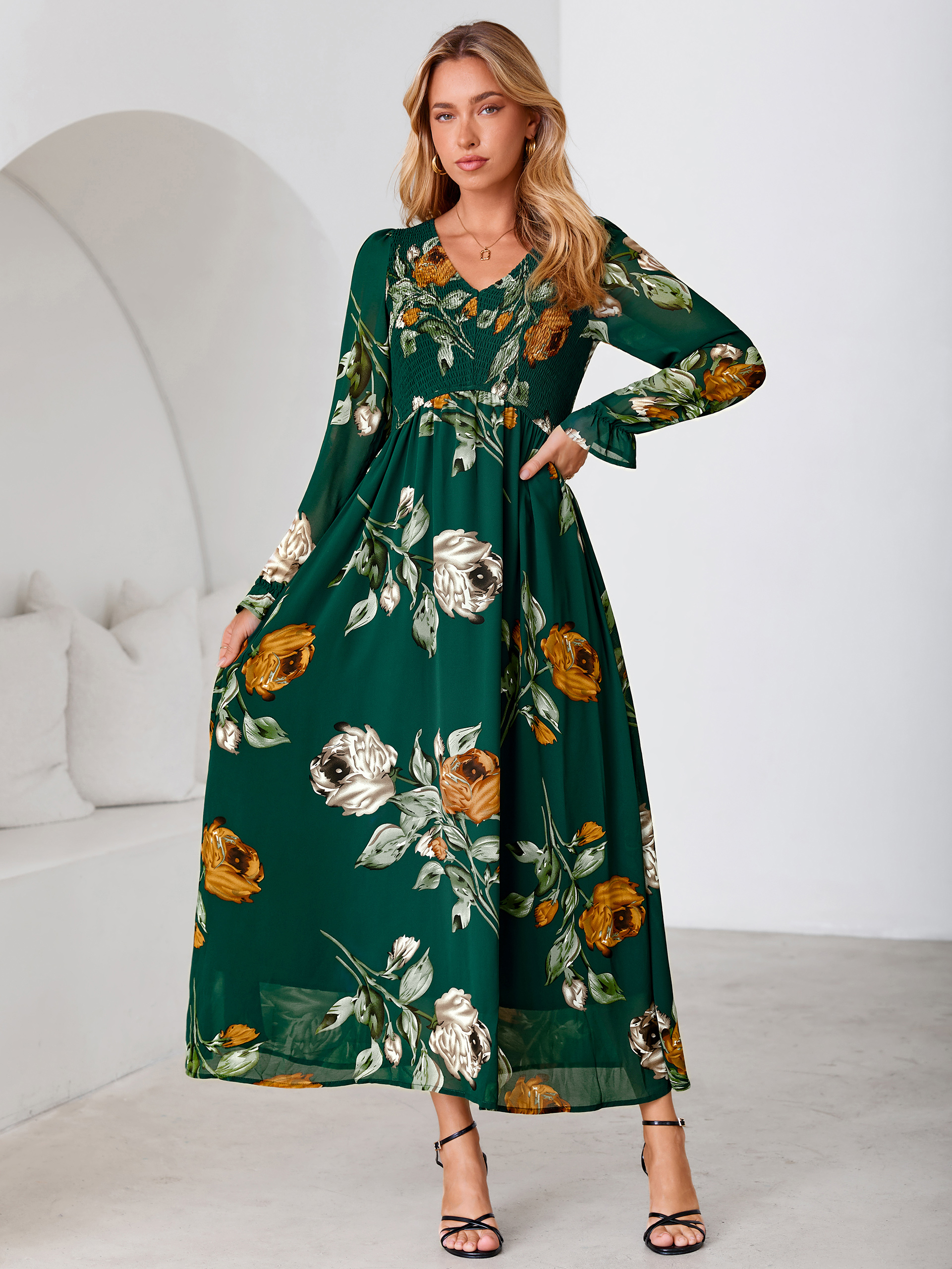Floral Chiffon Smocked V Neck Maxi Dress