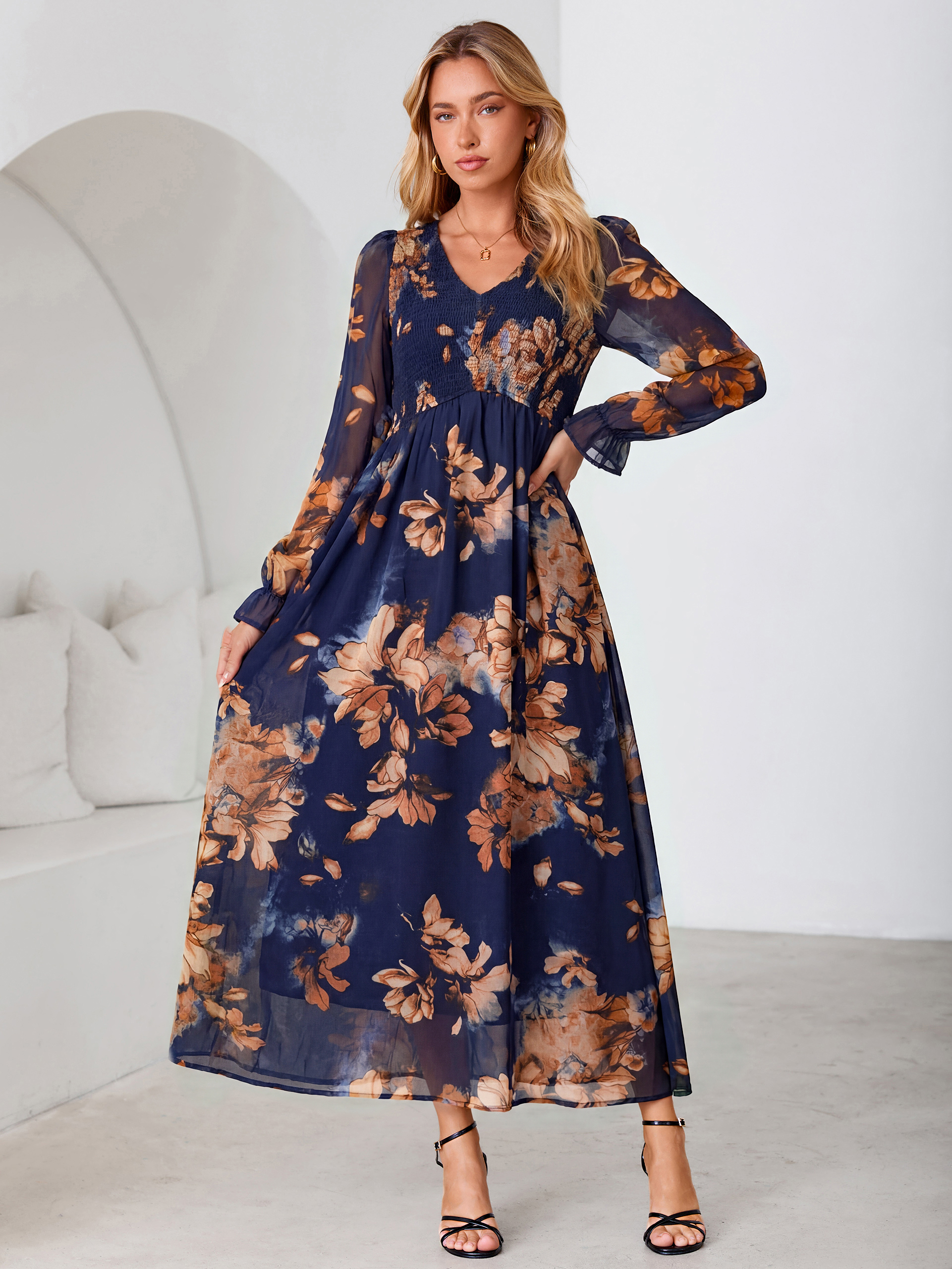Floral Chiffon Smocked V Neck Maxi Dress