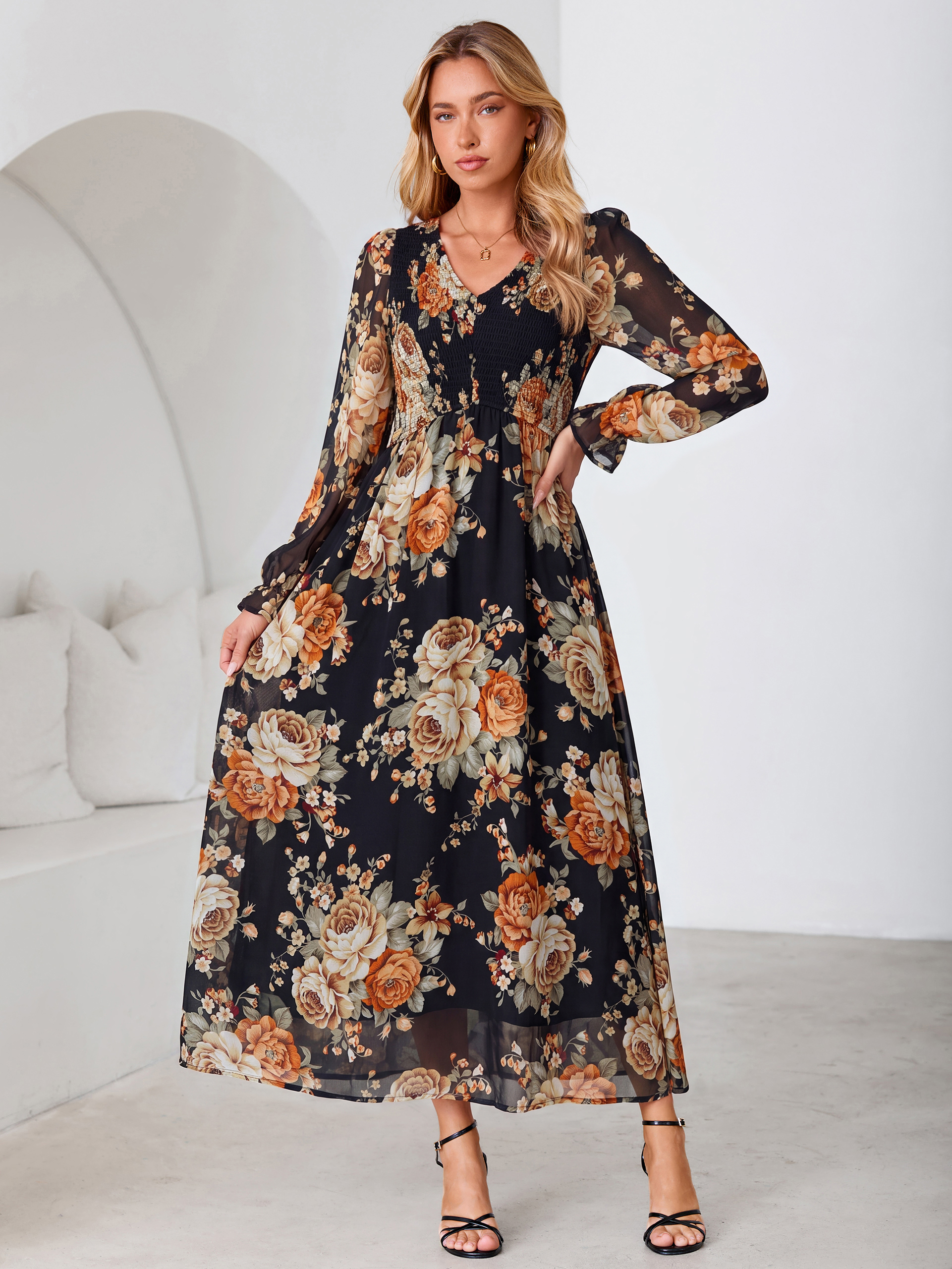 Floral Chiffon Smocked V Neck Maxi Dress