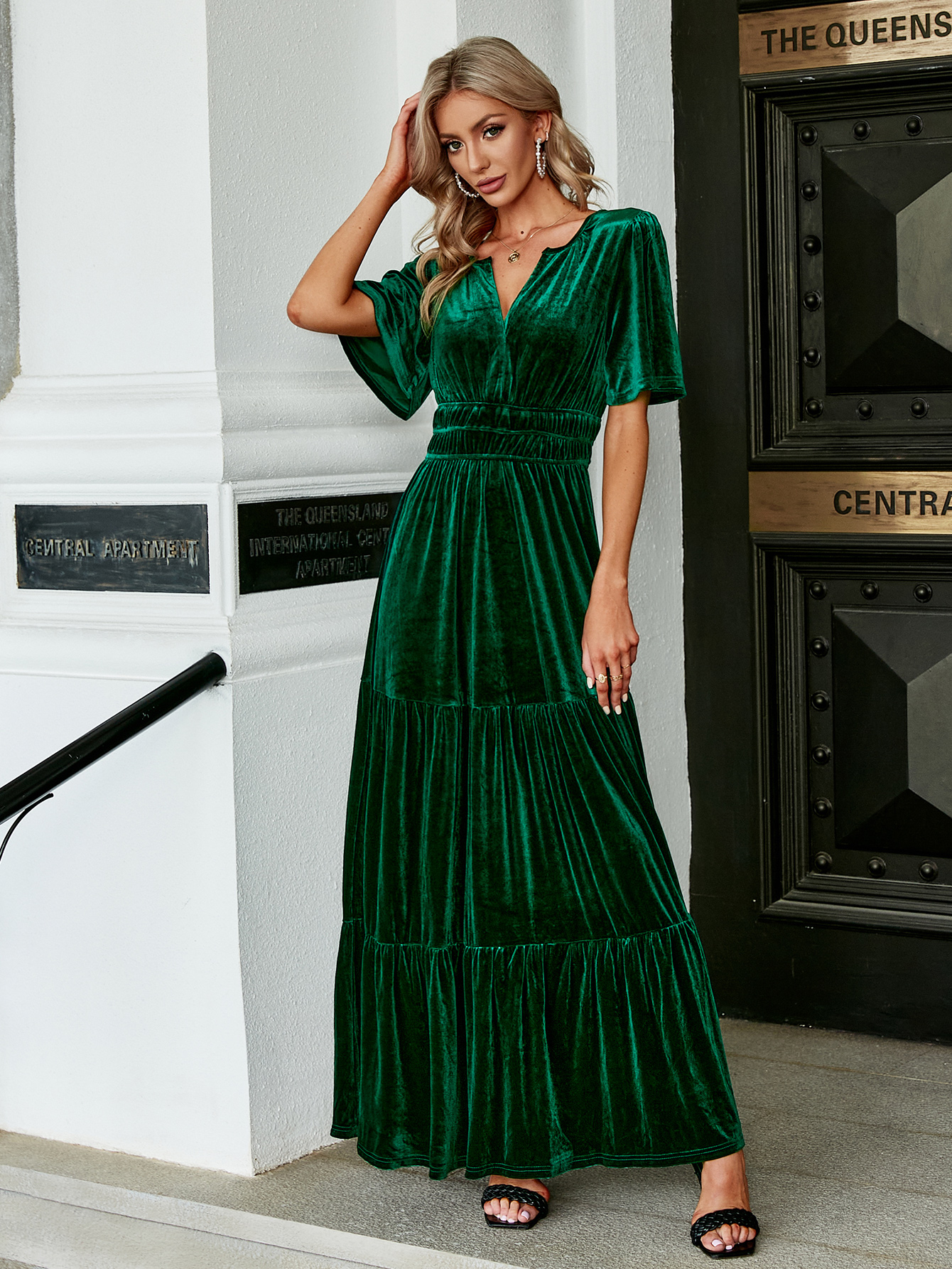 Velvet V-Neck Ruffle Tiered Wedding Guest Maxi Dress