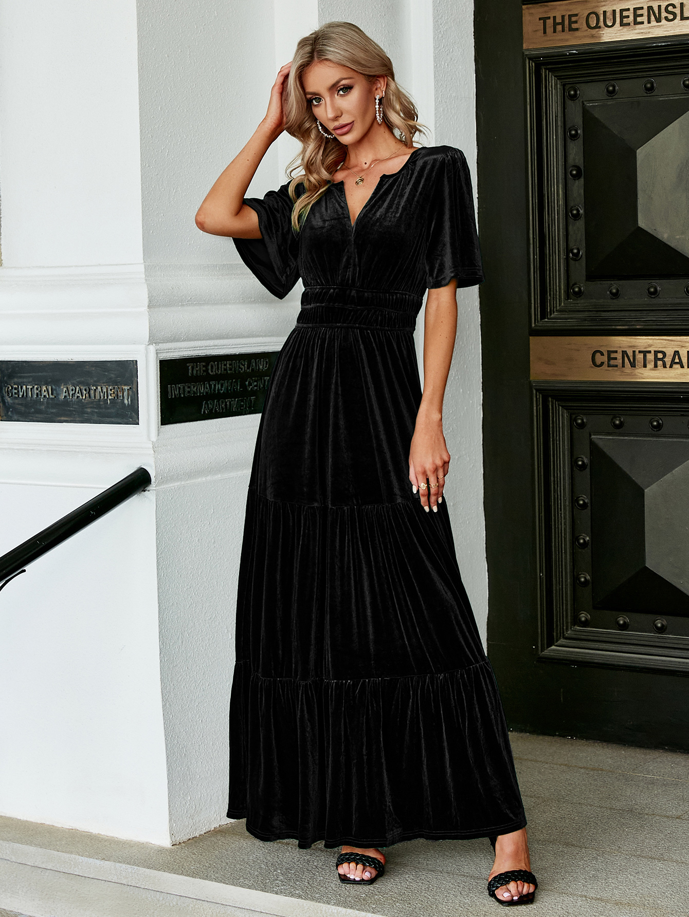 Velvet V-Neck Ruffle Tiered Wedding Guest Maxi Dress