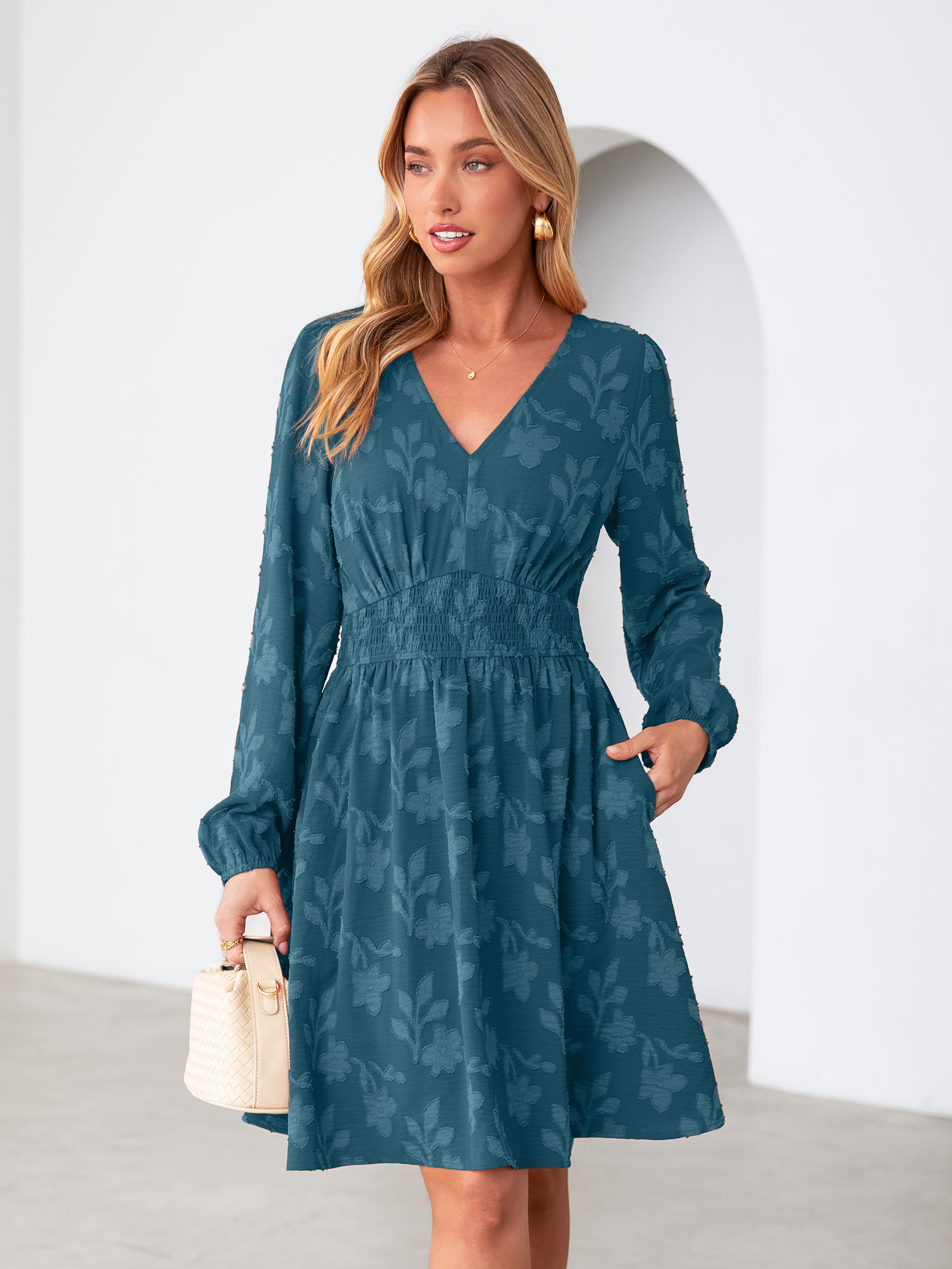 Burnout Floral Smocked V Neck Mini Dress
