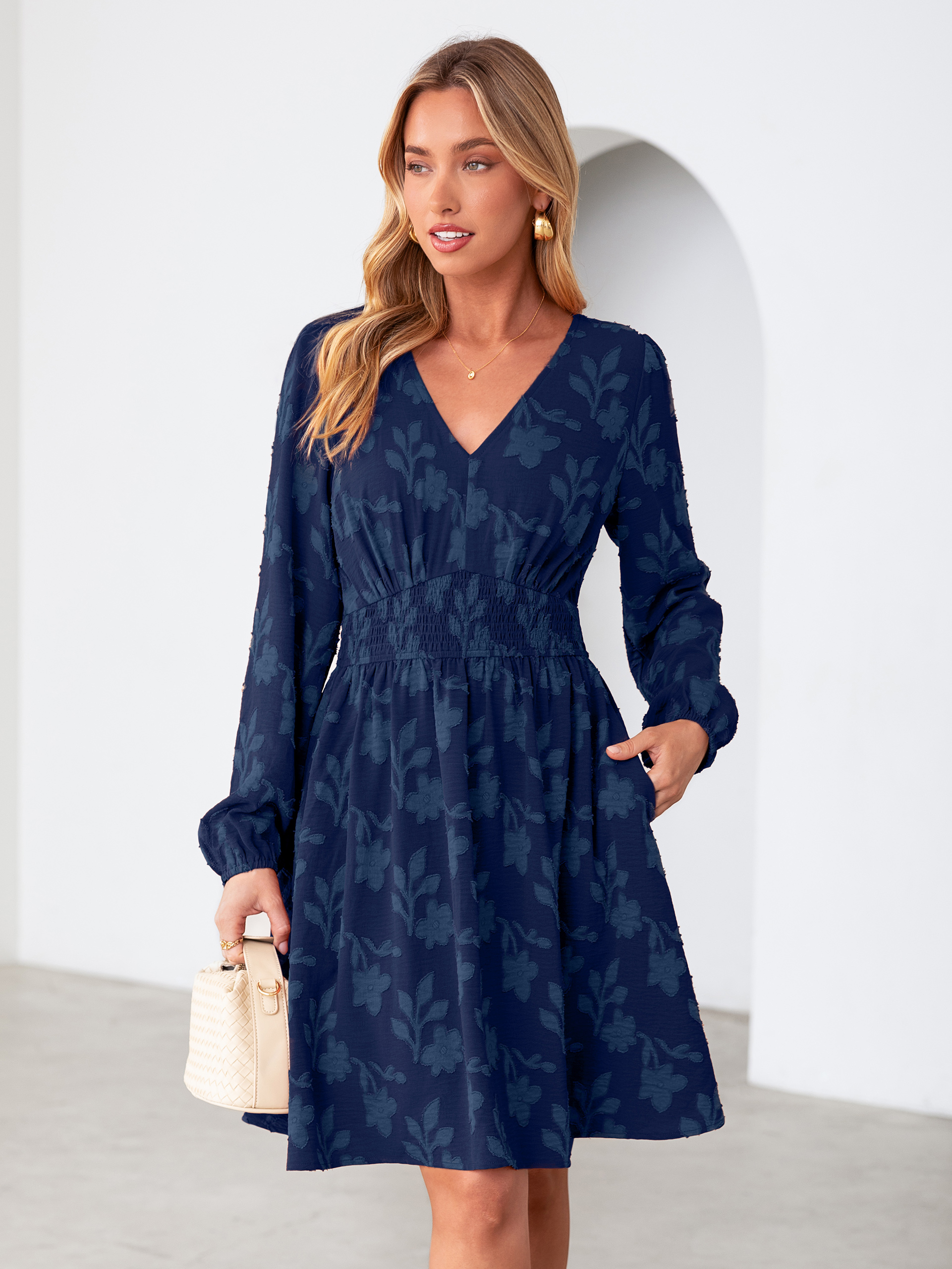 Burnout Floral Smocked V Neck Mini Dress