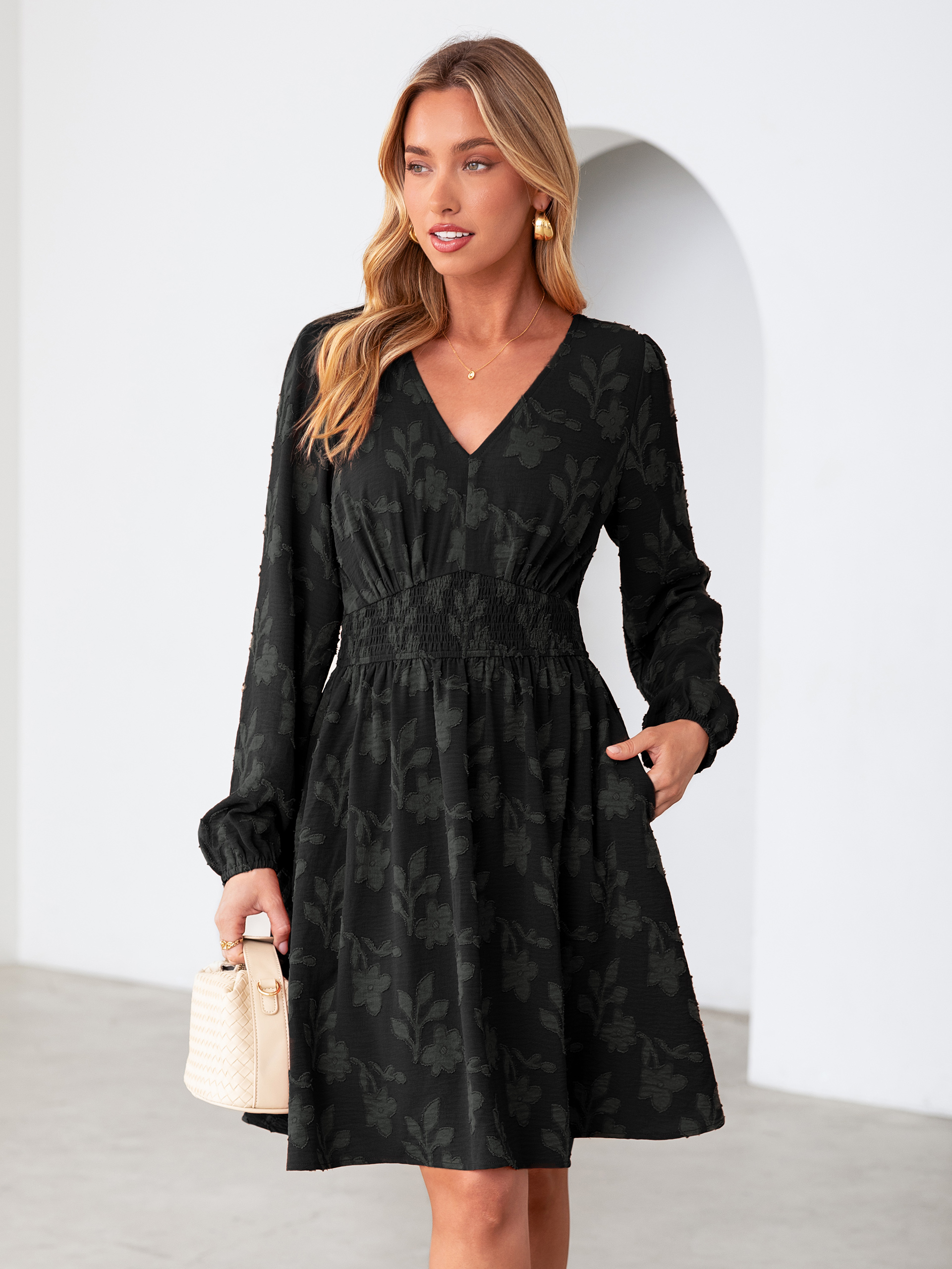 Burnout Floral Smocked V Neck Mini Dress