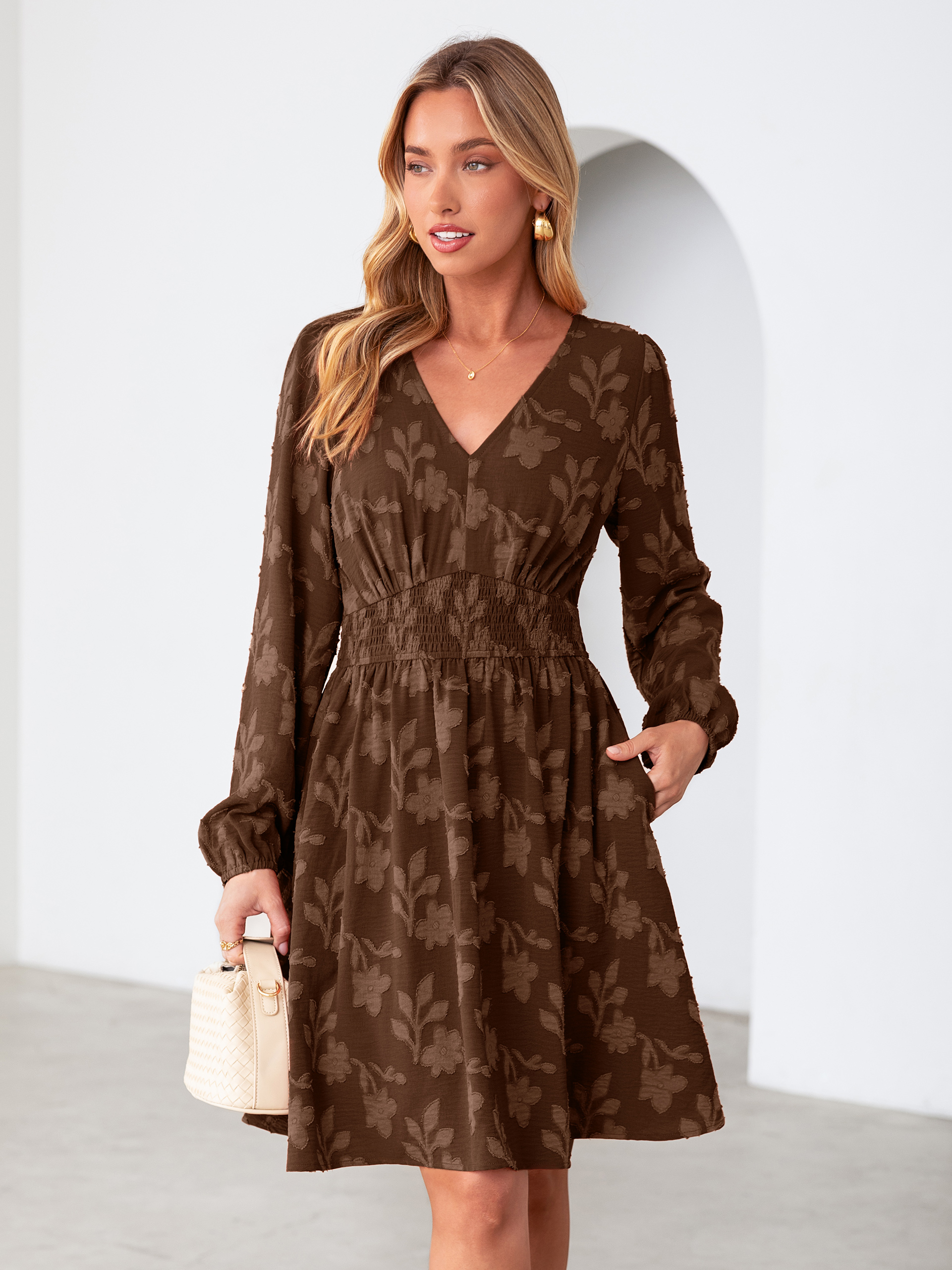 Burnout Floral Smocked V Neck Mini Dress