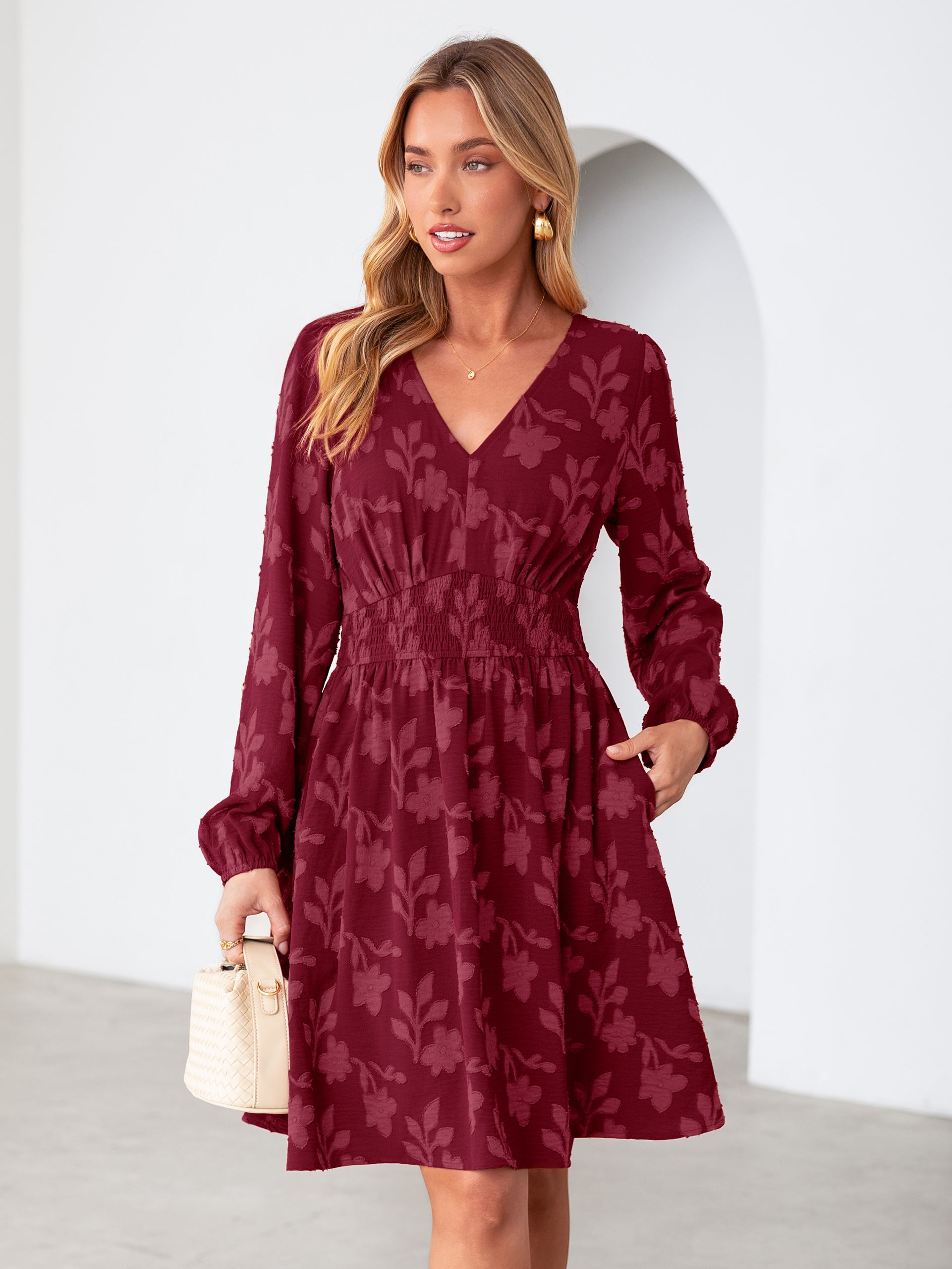 Burnout Floral Smocked V Neck Mini Dress