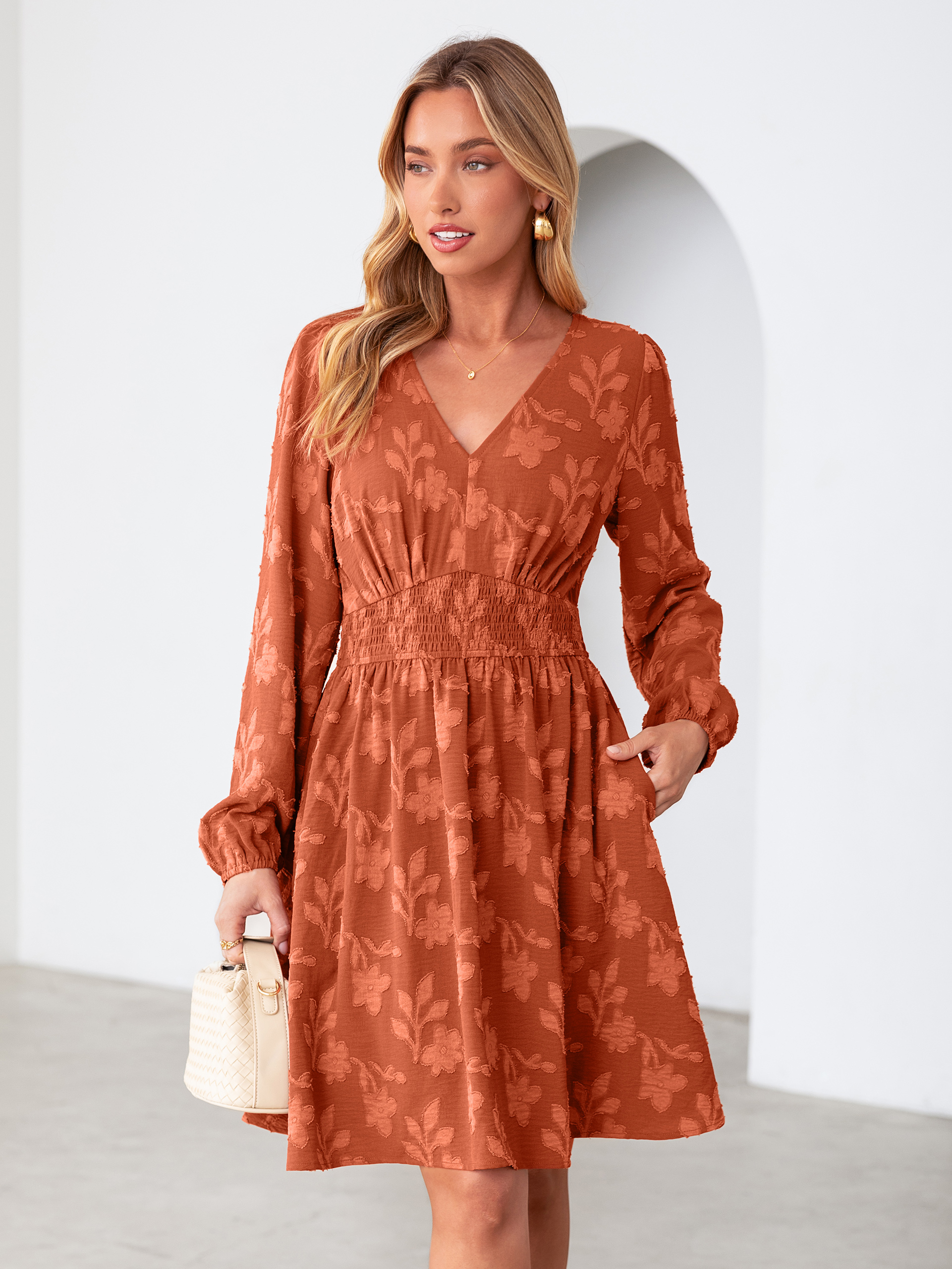 Burnout Floral Smocked V Neck Mini Dress