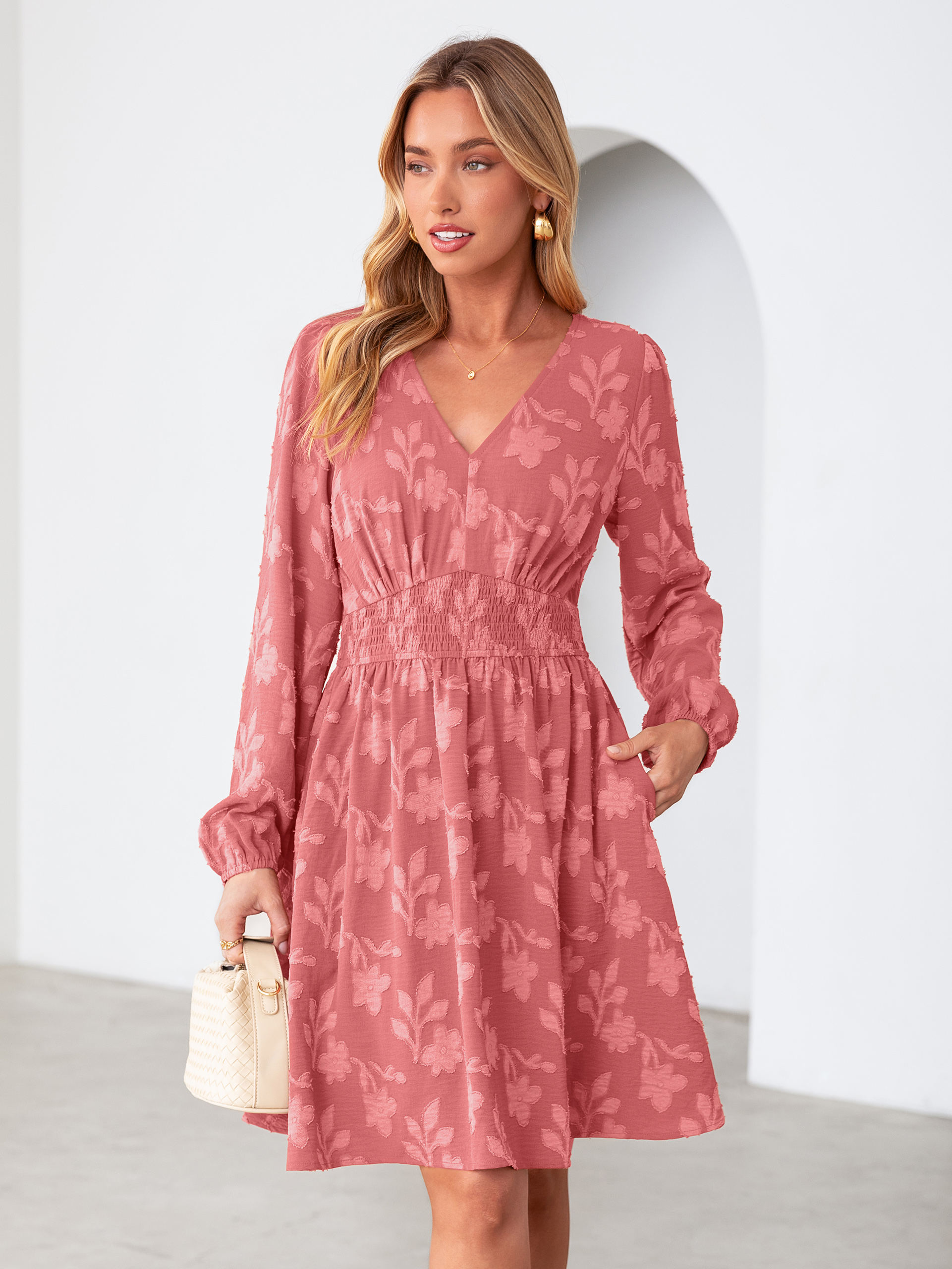 Burnout Floral Smocked V Neck Mini Dress