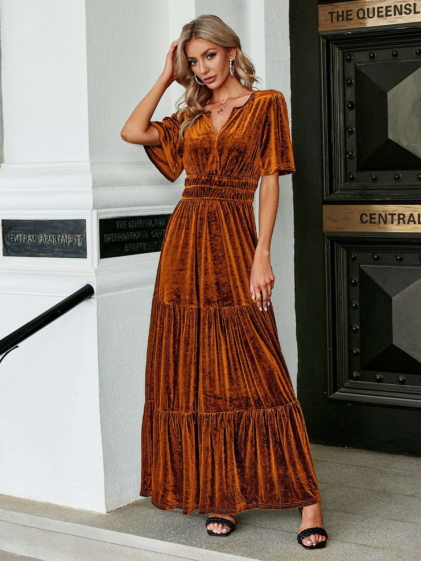 Velvet V-Neck Ruffle Tiered Wedding Guest Maxi Dress