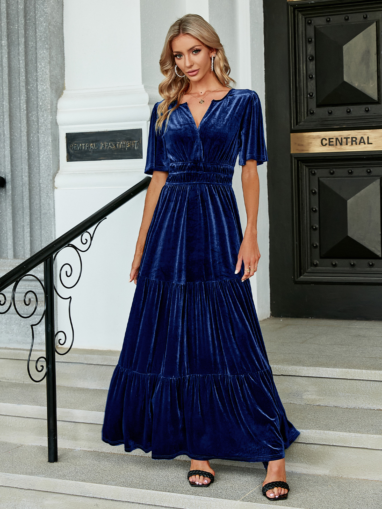 Velvet V-Neck Ruffle Tiered Wedding Guest Maxi Dress
