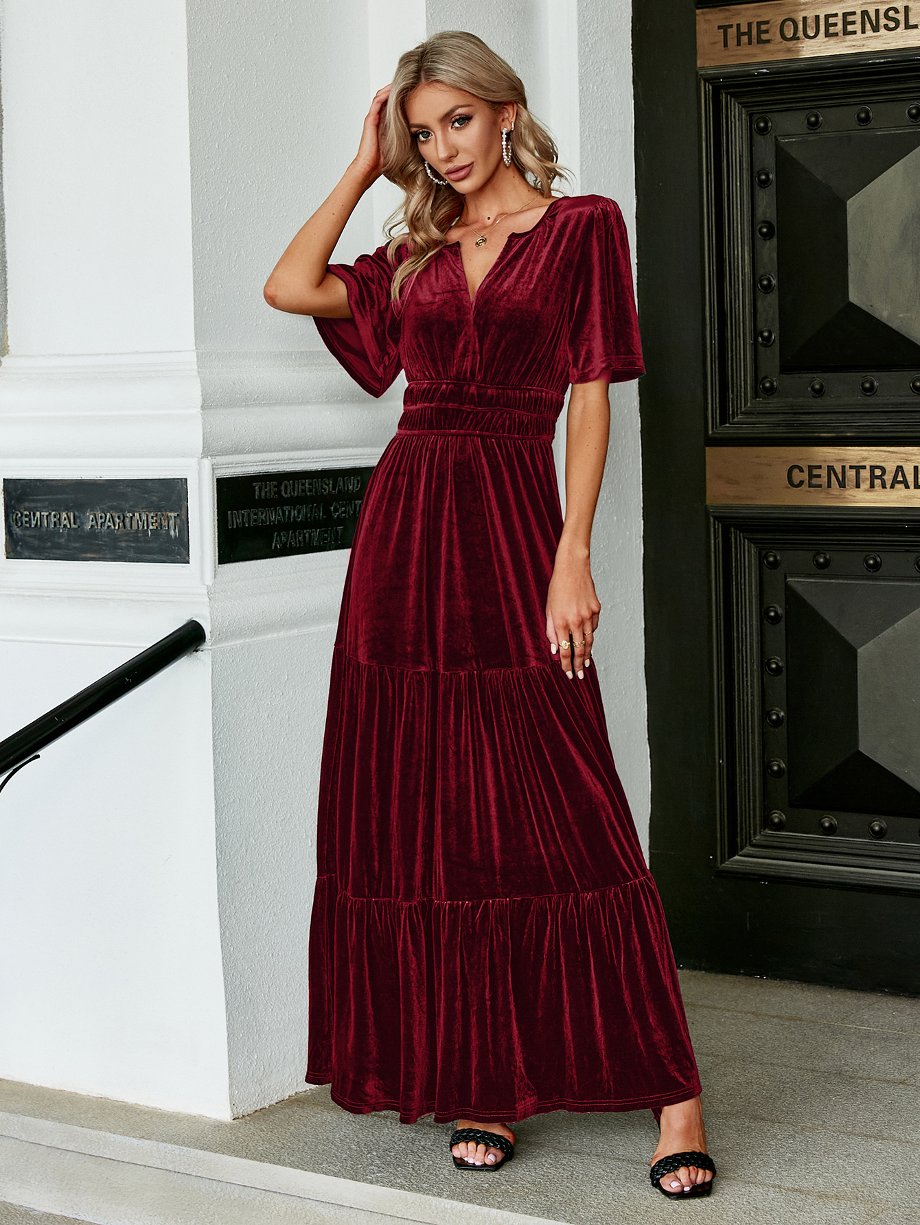 Velvet V-Neck Ruffle Tiered Wedding Guest Maxi Dress