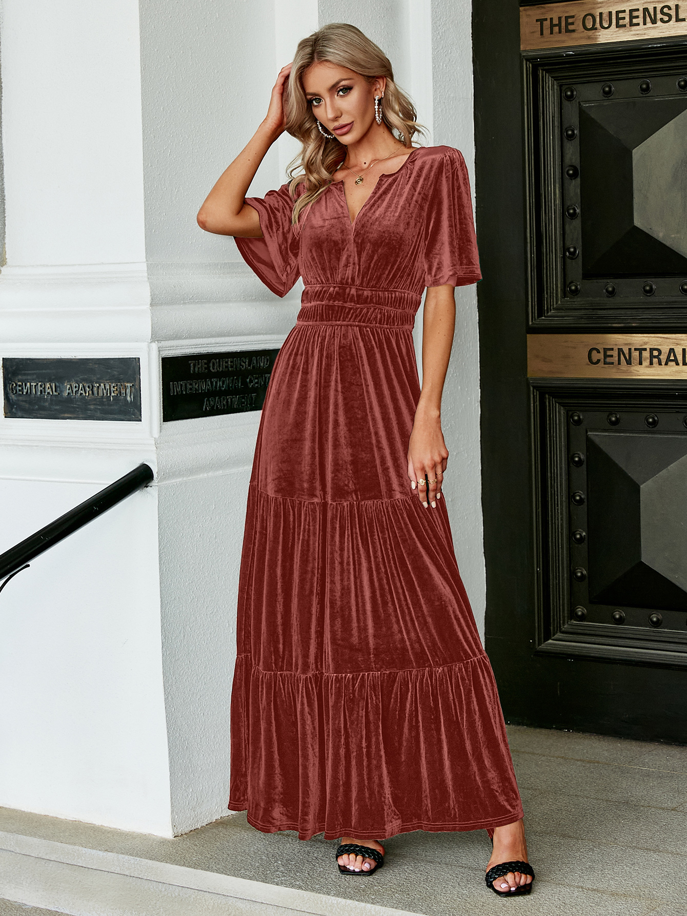 Velvet V-Neck Ruffle Tiered Wedding Guest Maxi Dress