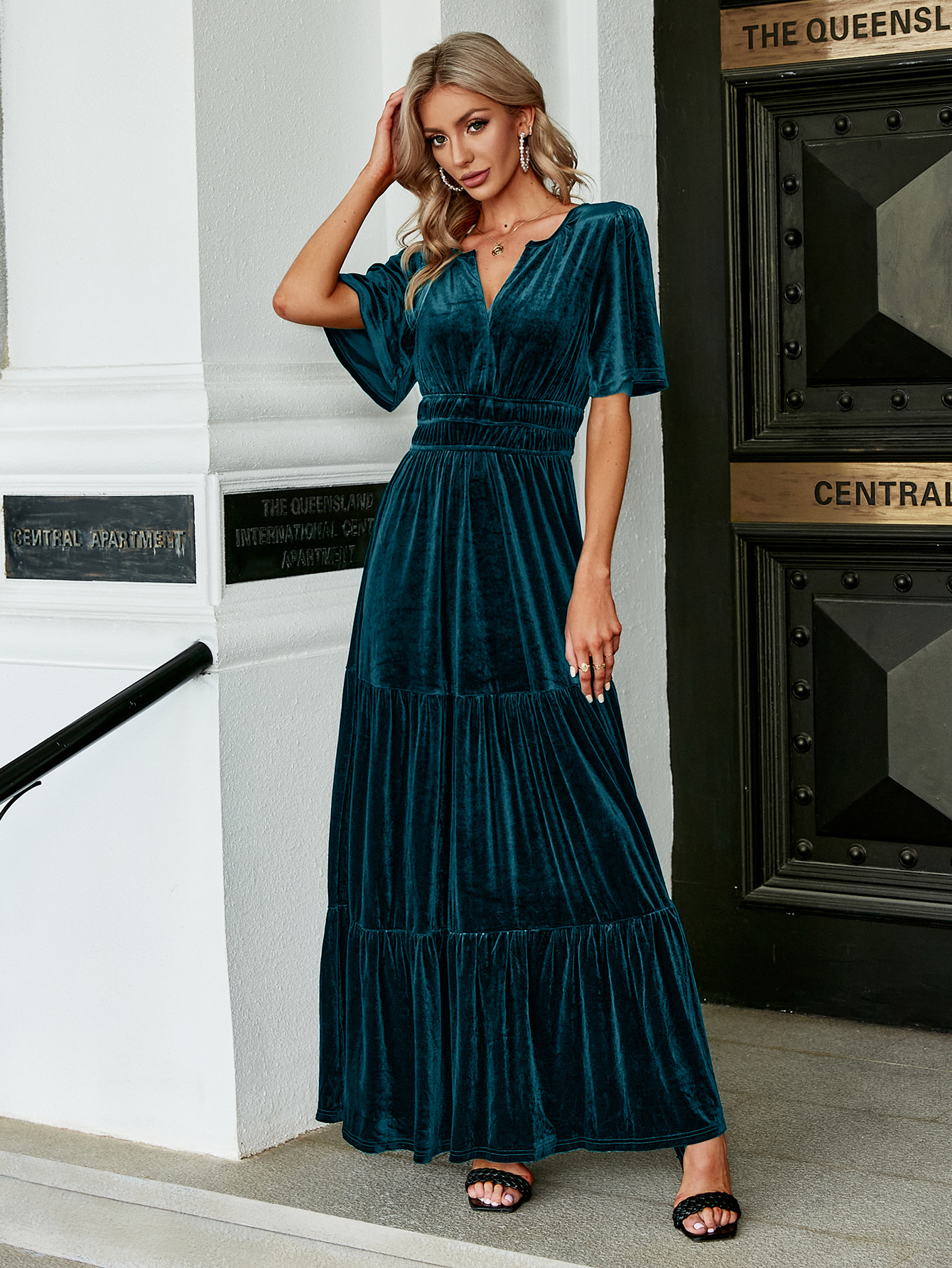 Velvet V-Neck Ruffle Tiered Wedding Guest Maxi Dress