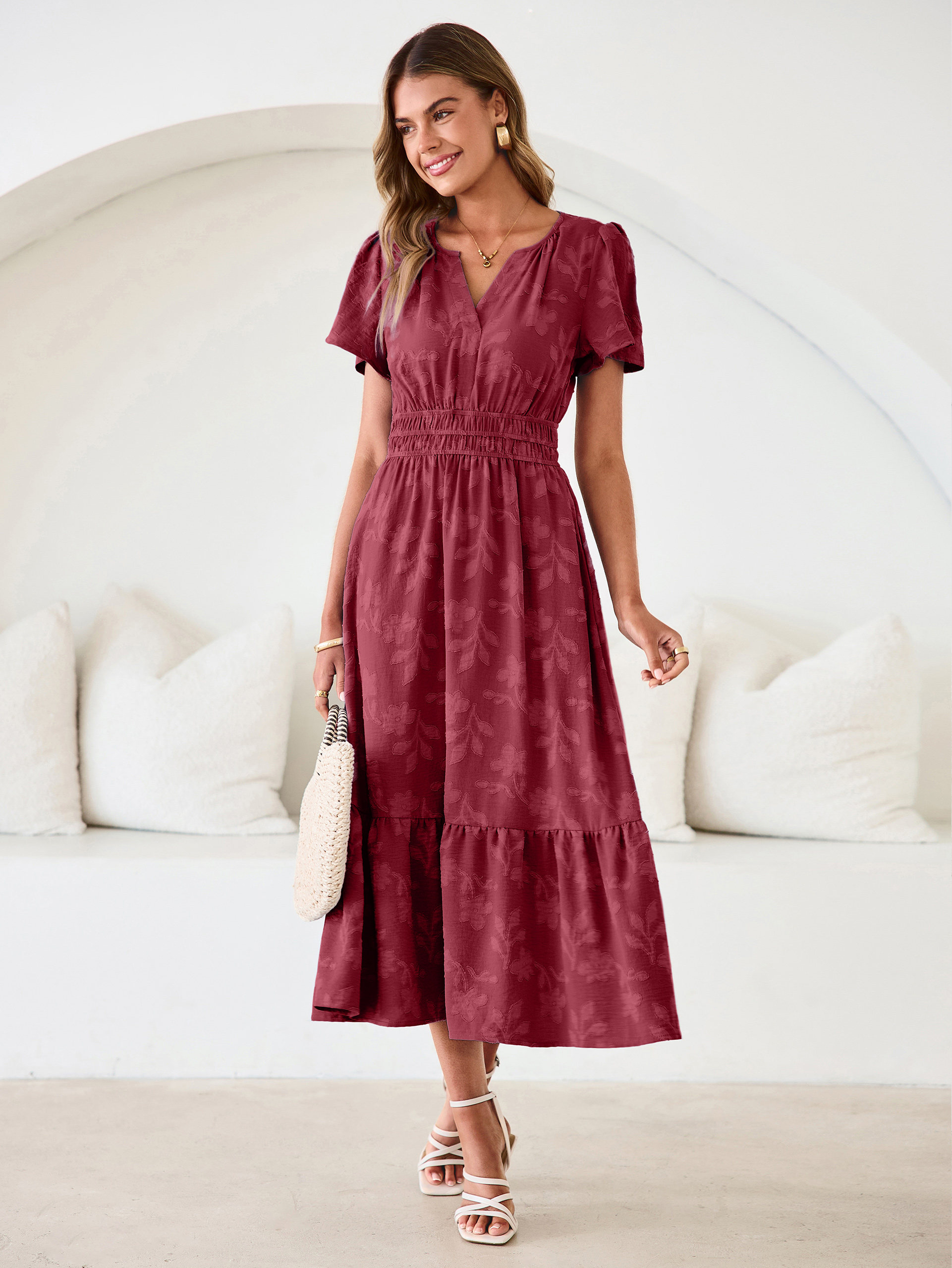 V Neck Burnout Floral Ruffle Maxi Dress