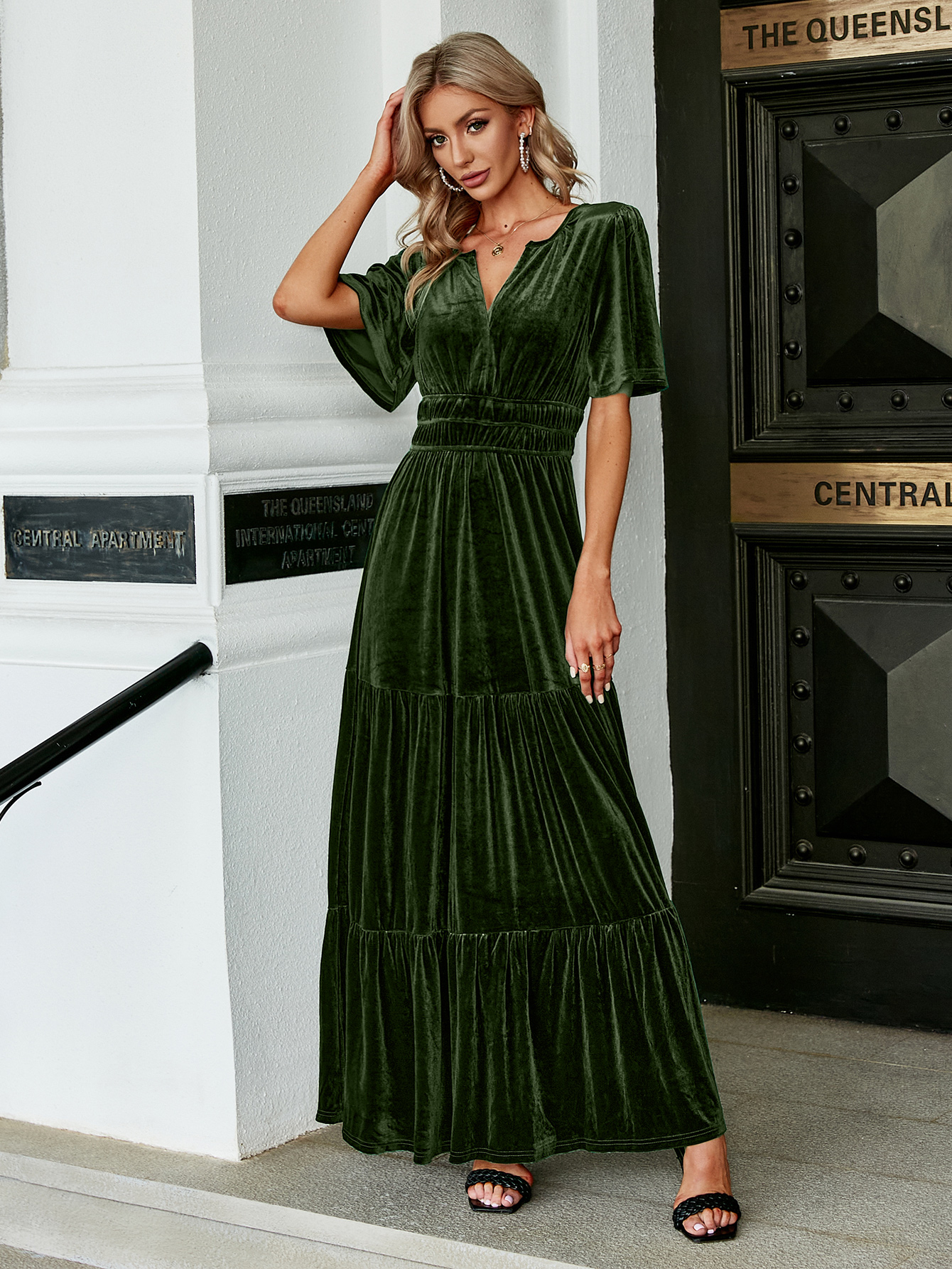 Velvet V-Neck Ruffle Tiered Wedding Guest Maxi Dress