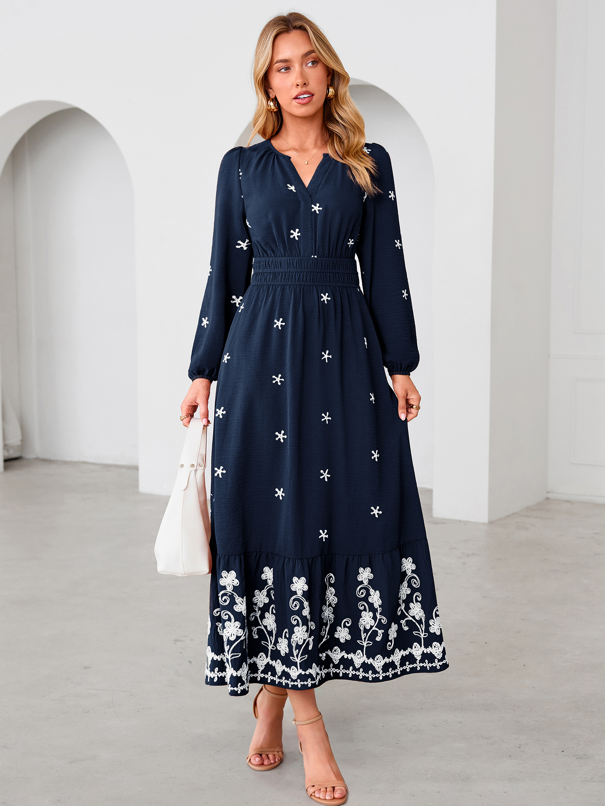 Boho Floral Embroidered Long Sleeve Maxi Dress