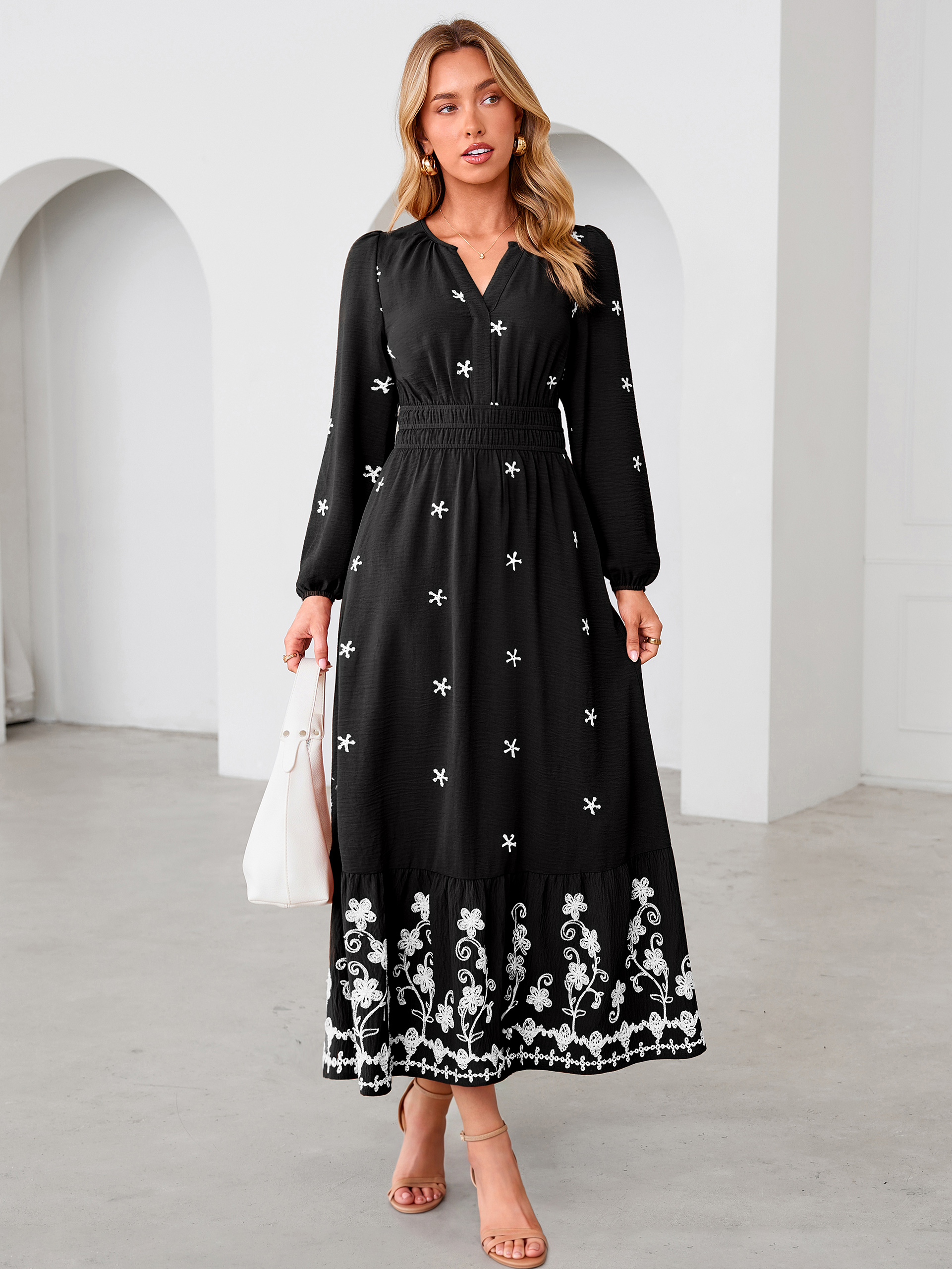 Boho Floral Embroidered Long Sleeve Maxi Dress